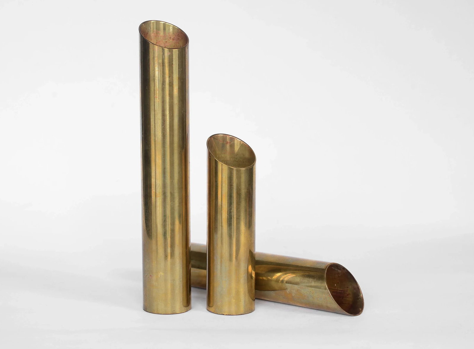 Mid Century Modern Minimalist Cylinder Brass Candle Holders Candlesticks- Set of 3 - 5