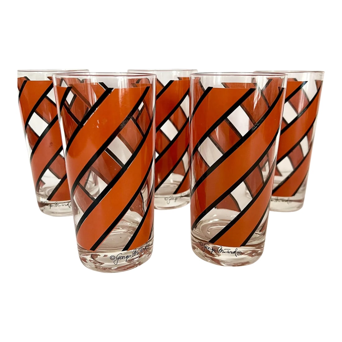 Georges Briard Orange Striped Glasses - Set of 5: Love this set of 5 Georges Briard Tumblers. Burnt orange diagonal stripes. Georges Briard signature on each glass. Condition: Alterations: Original Condition Unaltered Imperfections: Some Imperfection