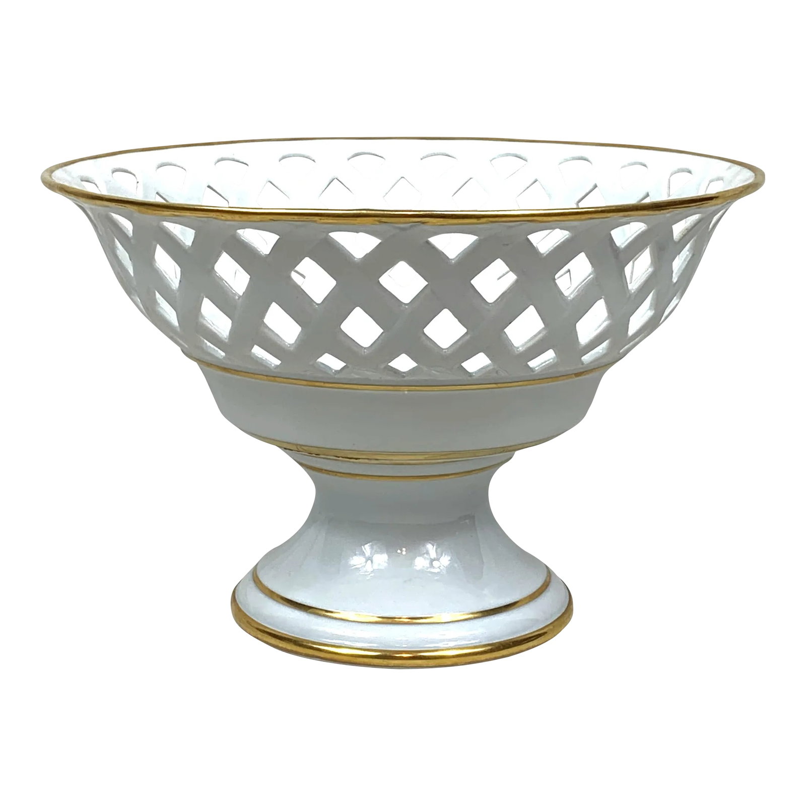 Vintage Limoges Pedestal Bowl: Vintage beautiful white and gold pierced pedestal bowl by Limoges. This is a pre-owned item so please see all pictures and ask any questions. Condition: Alterations: Original Condition Unaltered Imper
