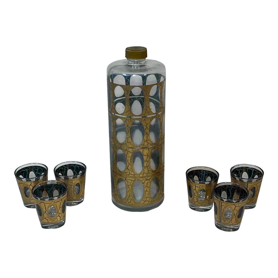 Vintage MCM Culver Gold Blue Crackle Pisa Pattern Cocktail Dispenser and Shot Glasses 22k 1960s Barw: Mid-Century Modern cocktail dispenser and 6 matching shot glasses set with 22k gold plating produced by Culver in the late 1960's. Pisa pattern, two toned inside is crackled hues of blue and green, ex
