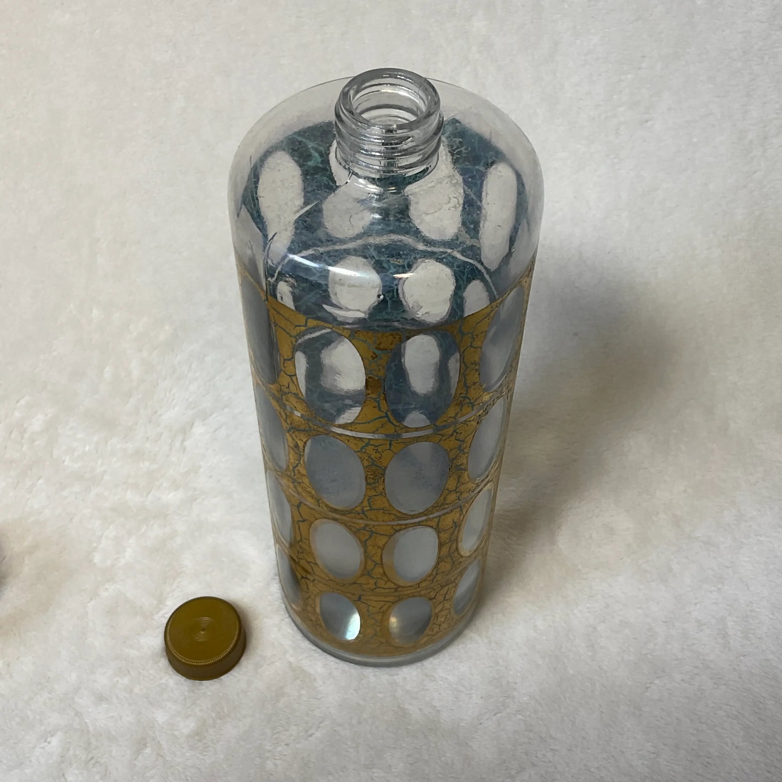 Vintage MCM Culver Gold Blue Crackle Pisa Pattern Cocktail Dispenser and Shot Glasses 22k 1960s Barw - 3