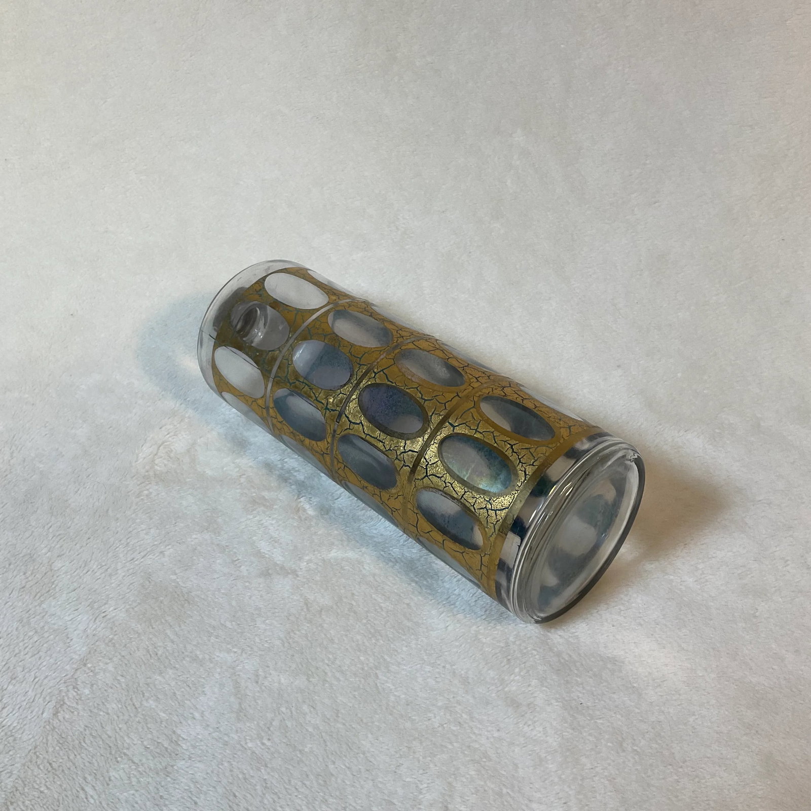 Vintage MCM Culver Gold Blue Crackle Pisa Pattern Cocktail Dispenser and Shot Glasses 22k 1960s Barw - 4
