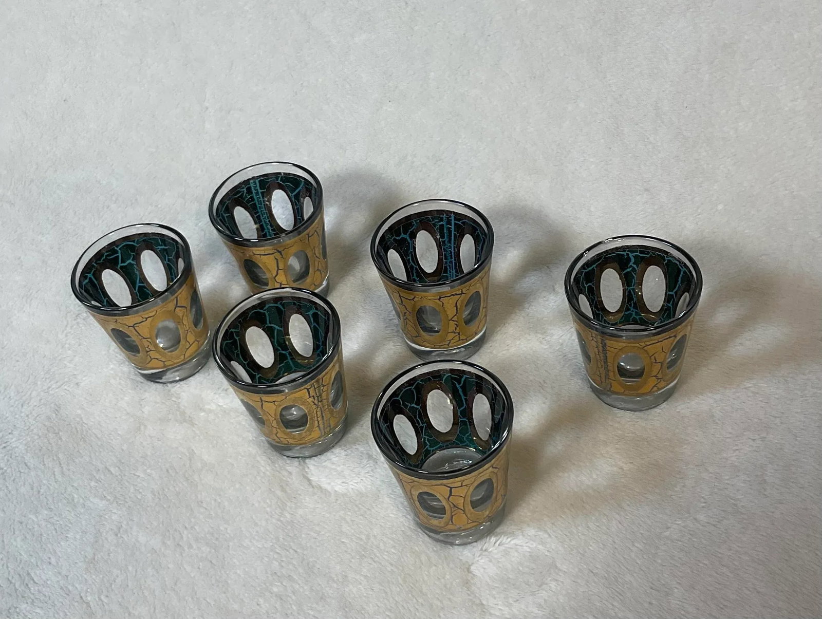 Vintage MCM Culver Gold Blue Crackle Pisa Pattern Cocktail Dispenser and Shot Glasses 22k 1960s Barw - 6
