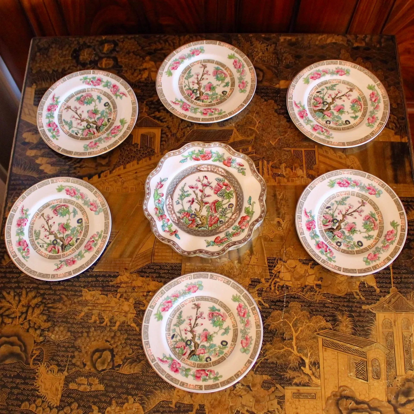 "Indian Tree" Pattern Porcelain Dessert/Bread Plate Set, 8 Pieces - 11