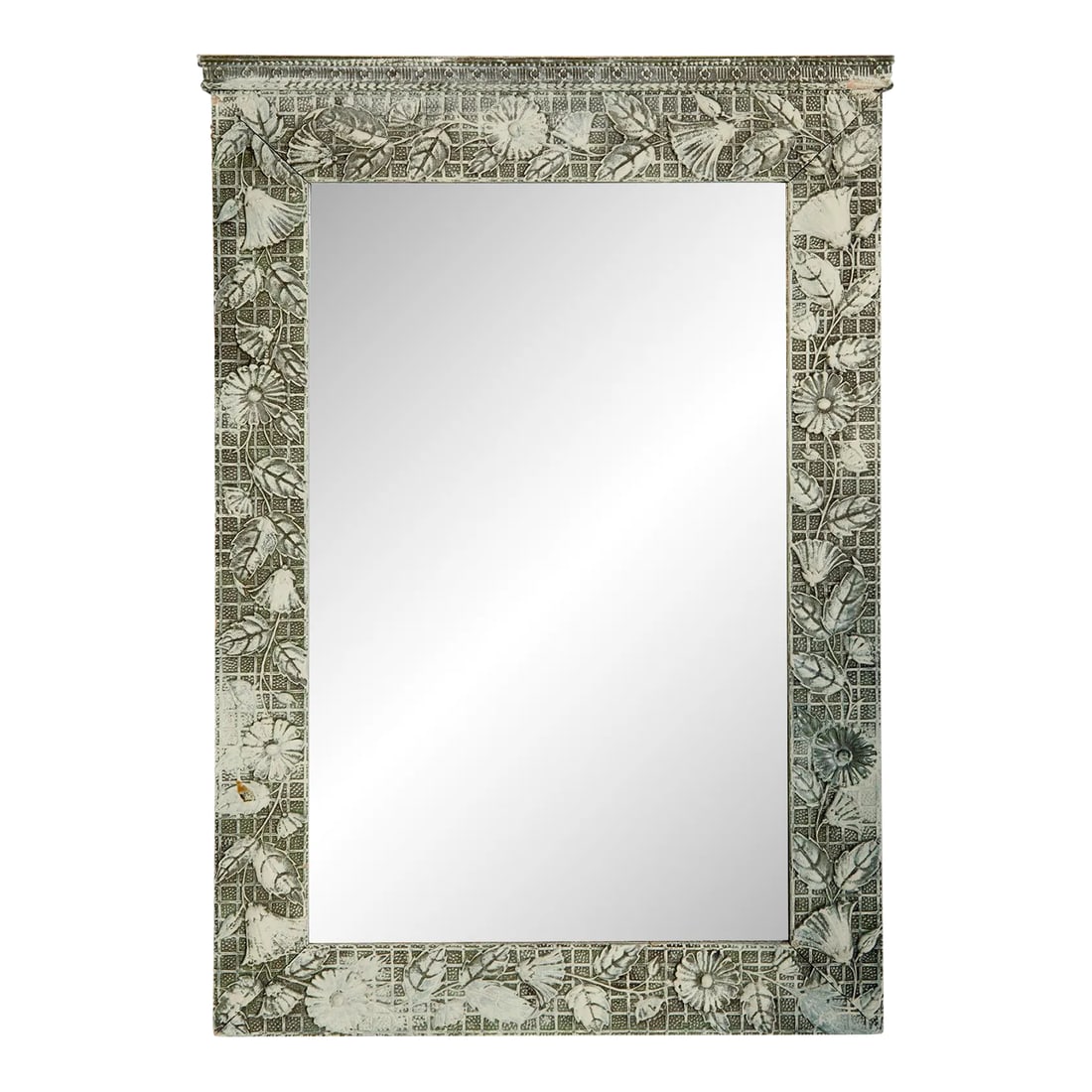 Early 20th Century Victorian Rectangle Mirror With Flowers on Grid: Pretty little framed mirror with new backing & wire. Geometric background with flower blossom and leaves hand painted in 2 tone finish. Condition: Alterations: Original Design Modified Imperfections:
