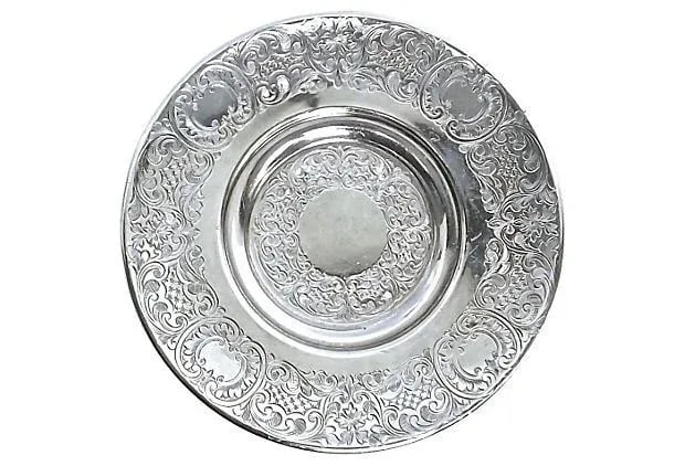 Antique Engraved Sterling Silver Saucer: Antique; 1900-1910, English, acanthus leaf, engraved, sterling silver saucer. Condition: some light surface wear/tiny minor dent on underside. Materials: sterling silver. Marked "EP BM, Made In