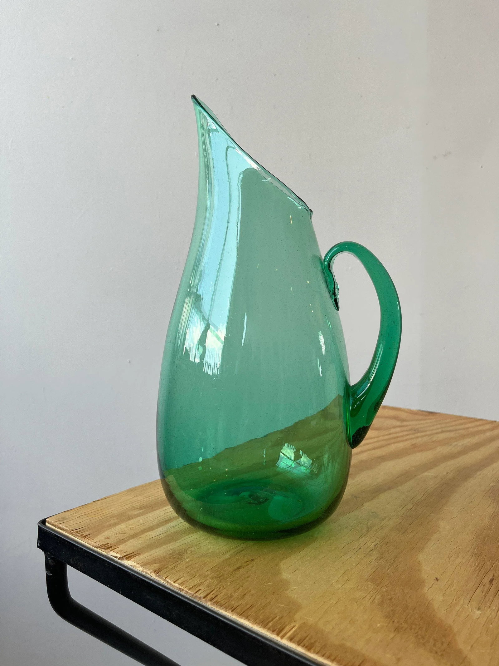 Vintage Mid-Century Teal Blown Glass Pitcher Attributed to Winslow Anderson for Blenko, Circa 1960s - 11