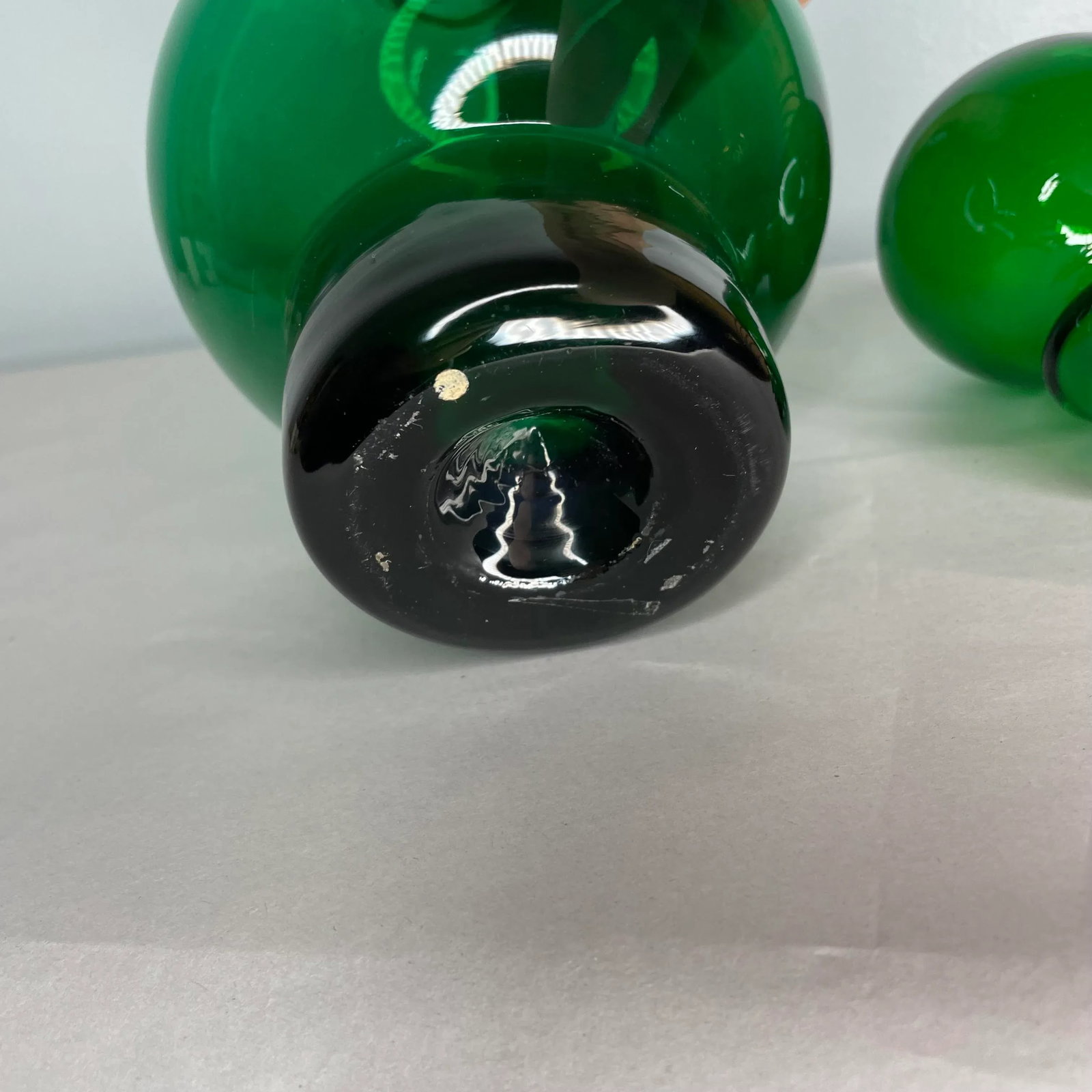 Mid Century Modern Emerald Green Glass Decanter With Stopper- 2 Pcs. - 8