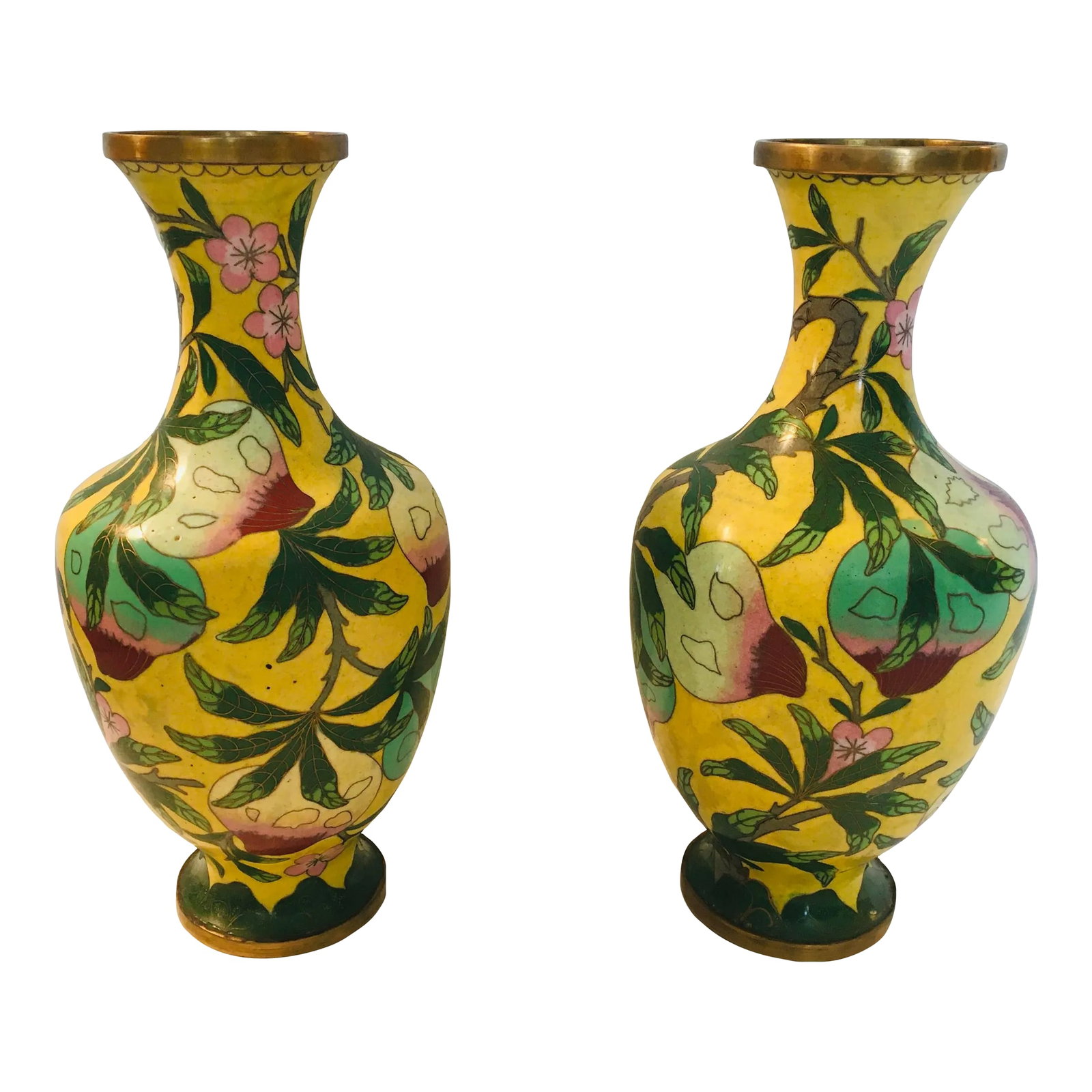 Chinese Cloisonn? Vases- a Pair: This pair of cloisonn? vases Are stamped China dating them from the 40?s The ground color is imperial yellow with multicolored fruit & flower decoration These are in mint condition Height 9.5 inches