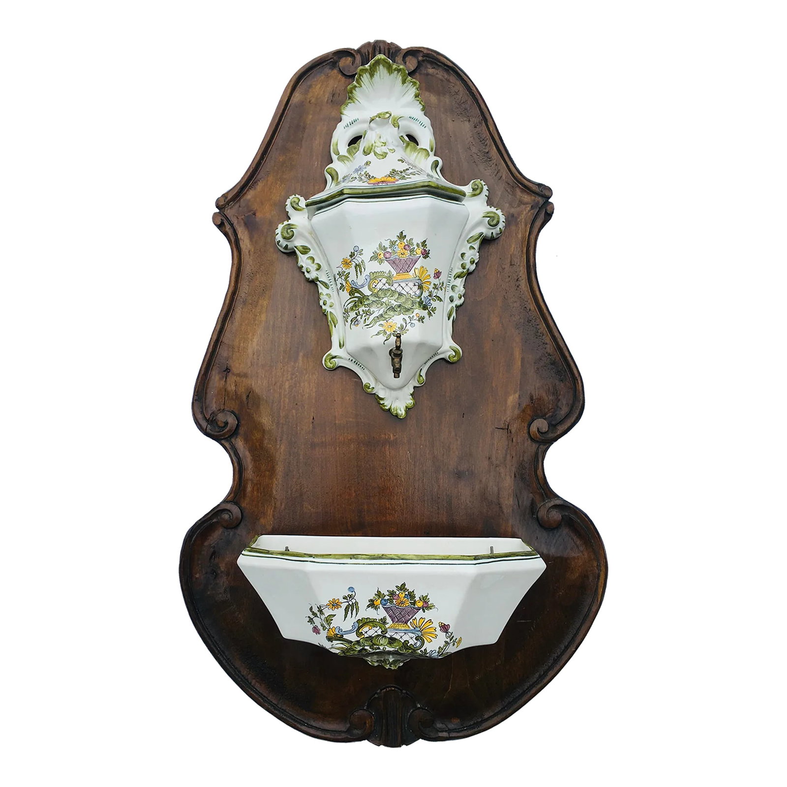 1980s Italian Lavabo Hand-Painted Faience: This hand painted faience lavabo is mounted on a hand carved fruitwood decorative panel The panel size is 29 L x 16 W The basin measures 11x 5 The urn measures 14 x 9 Condition is excellent Condition: