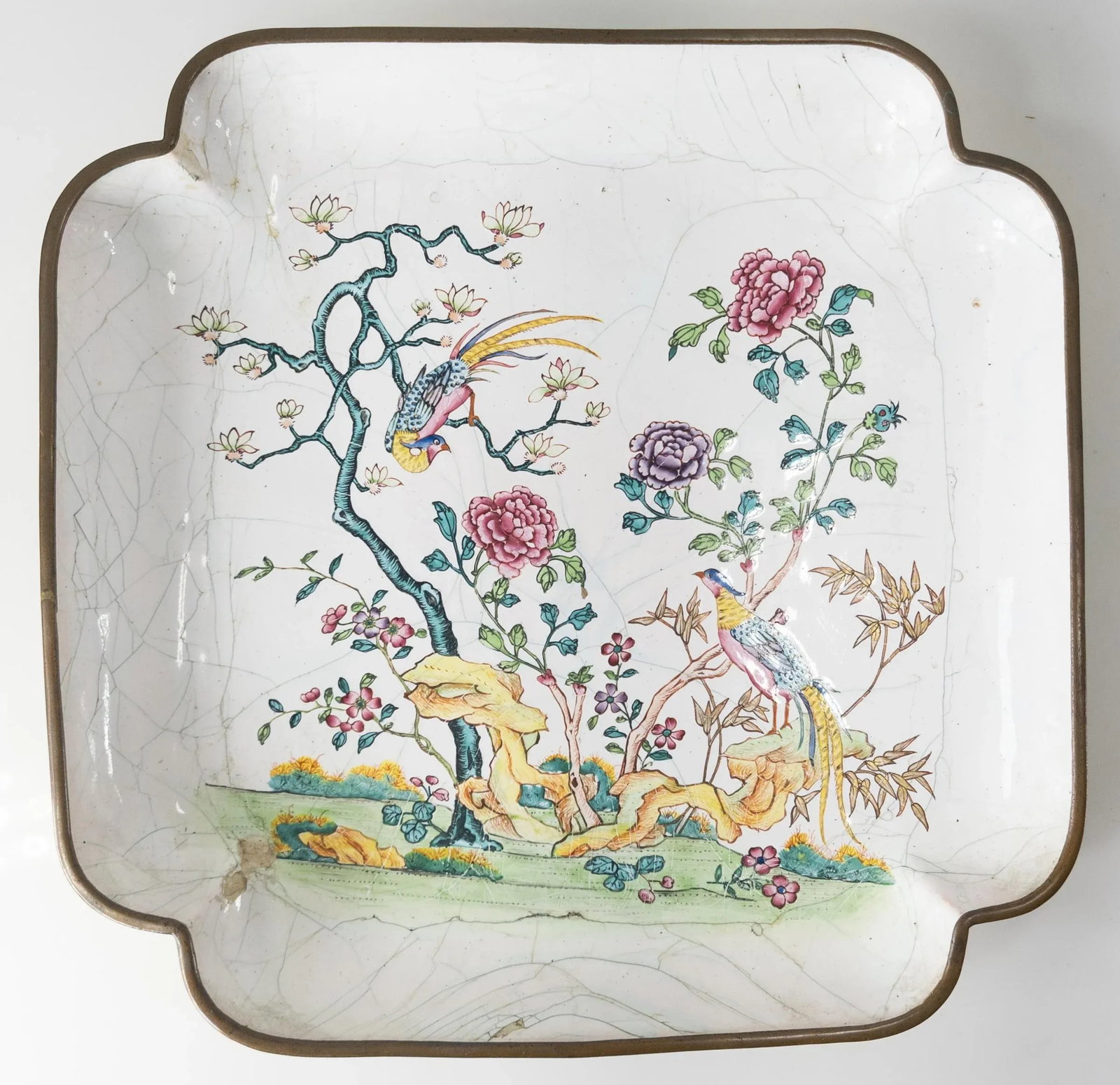 19th Century Chinese Canton Peking Enamel Square Dish With Flycatchers and Flowers - 13