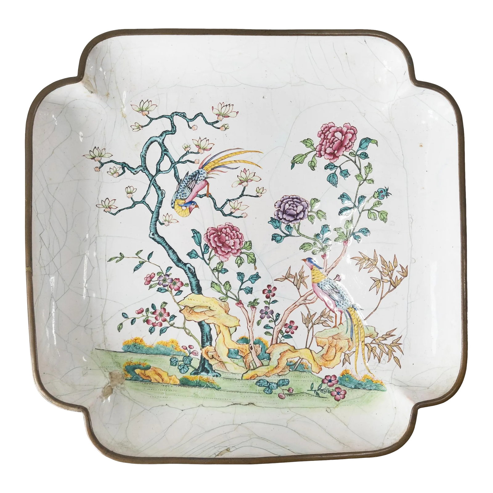 19th Century Chinese Canton Peking Enamel Square Dish With Flycatchers and Flowers: We are selling this very nice Chinese Canton enamel dish. This square dish with lobed corners has a nice scene with two paradise fly catchers in a floral landscape. The reverse has yellow enamel