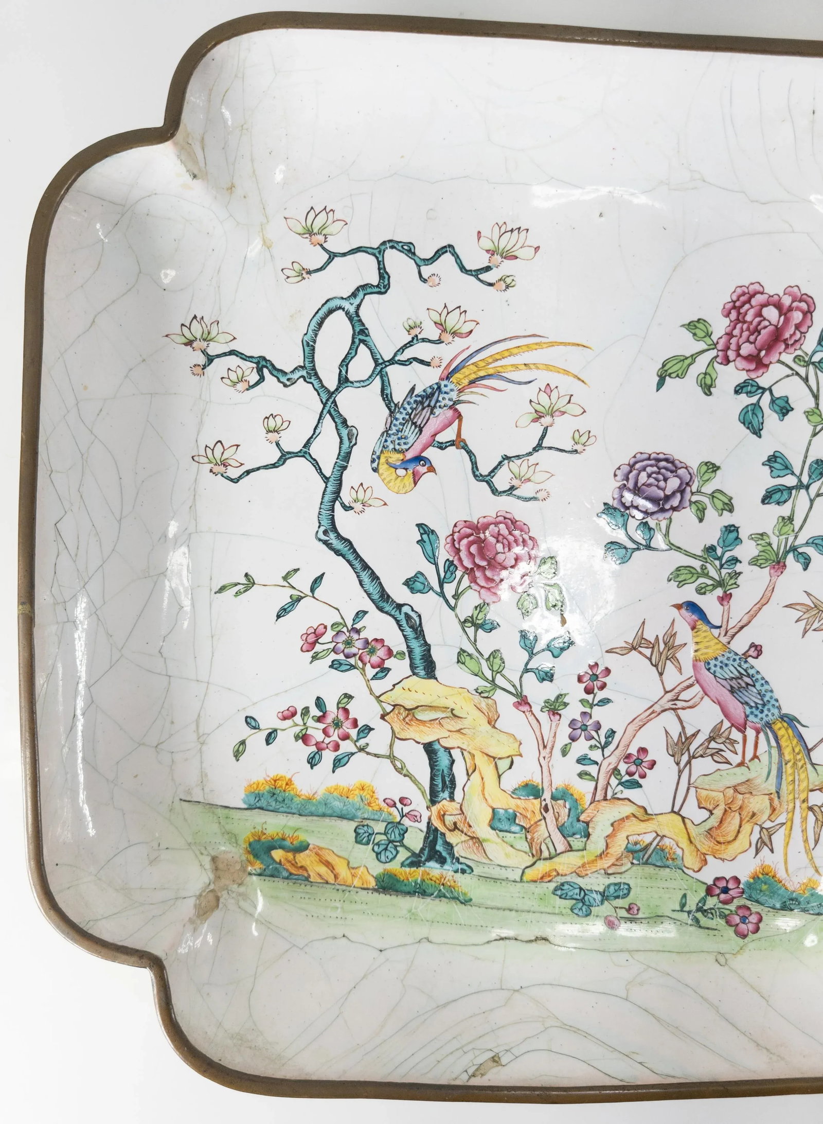 19th Century Chinese Canton Peking Enamel Square Dish With Flycatchers and Flowers - 2