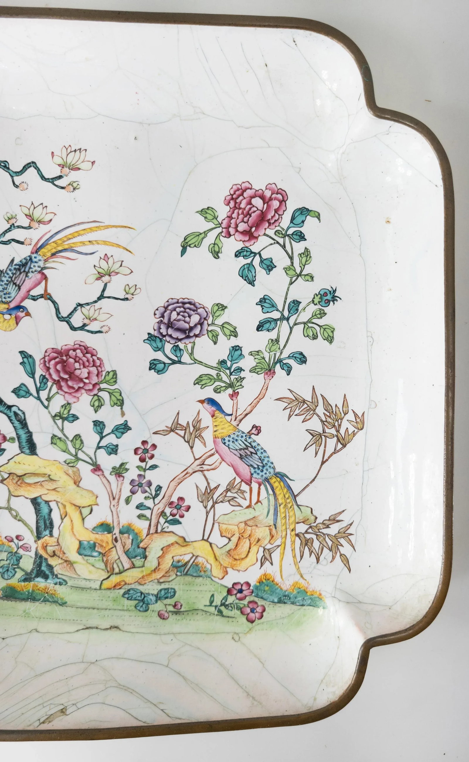 19th Century Chinese Canton Peking Enamel Square Dish With Flycatchers and Flowers - 3