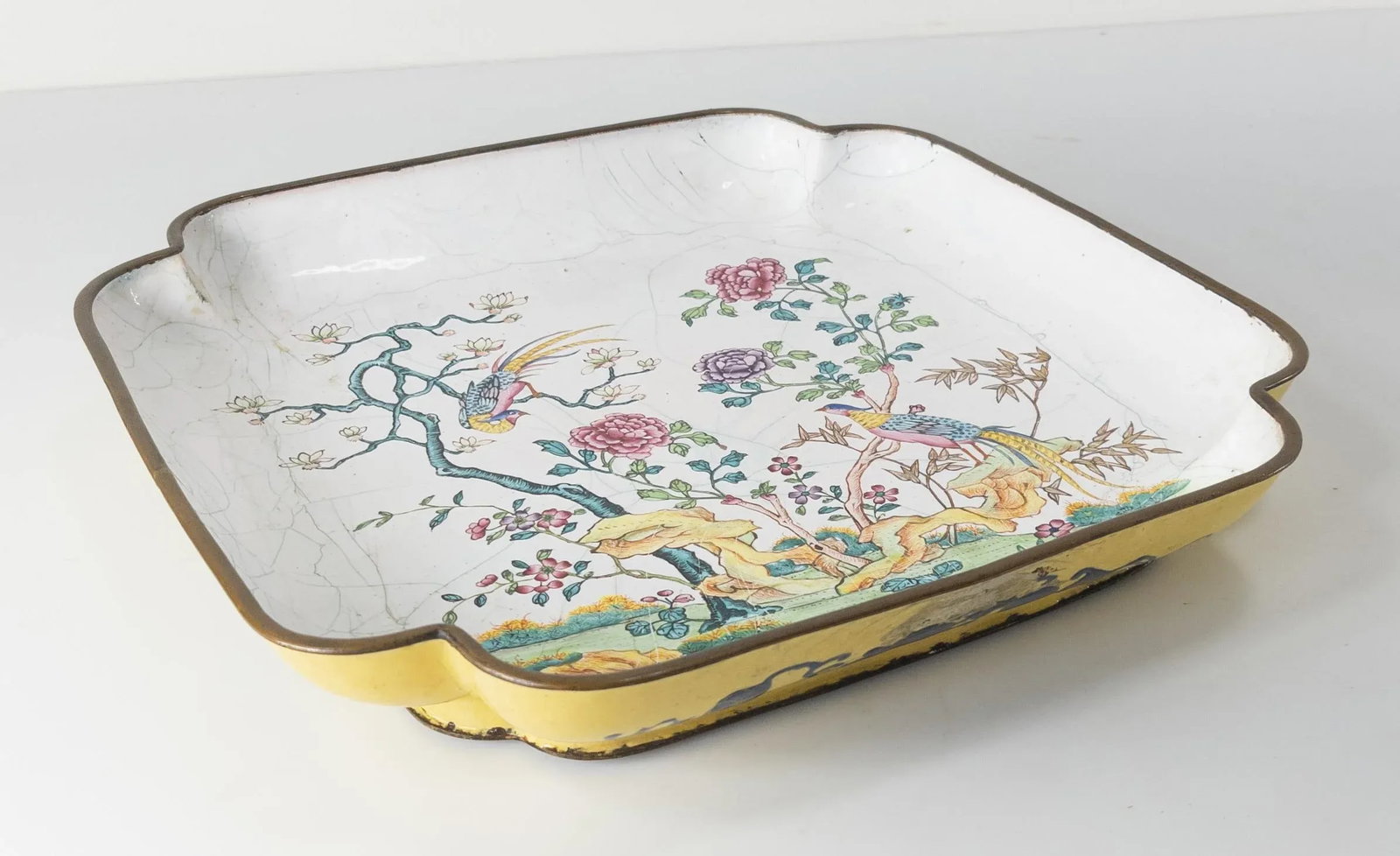 19th Century Chinese Canton Peking Enamel Square Dish With Flycatchers and Flowers - 7