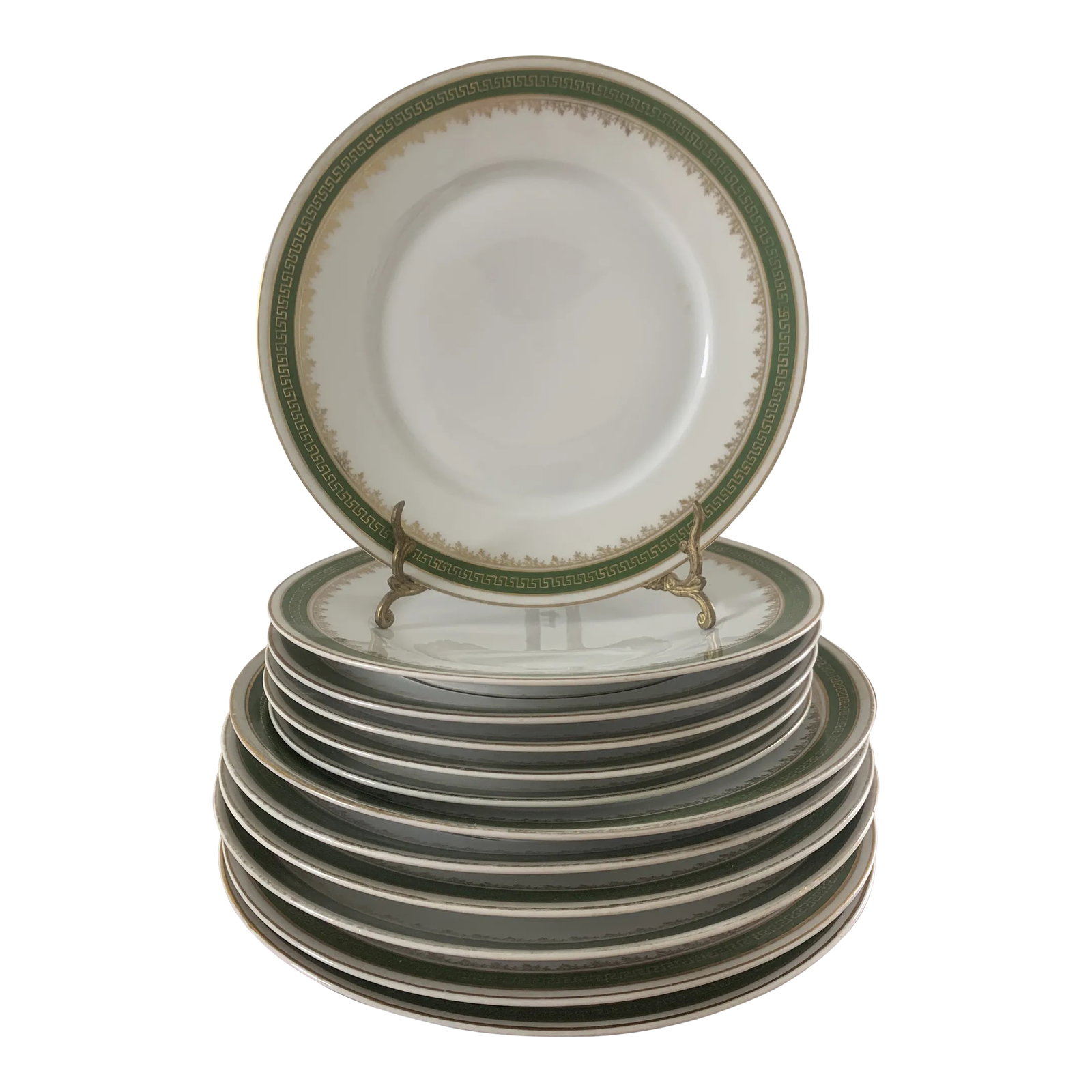 Antique German Greek Key Rimmed Luncheon & Salad Plates by C. Tielsch Altwasser, Service for Six: A stunning set of antique Greek Key rimmed Luncheon & Salad Plates, service for six By C. Tielsch Altwasser Germany, early 20th century Salad plates measure: 8"W x 8"D x .75"H Luncheon plates measure: