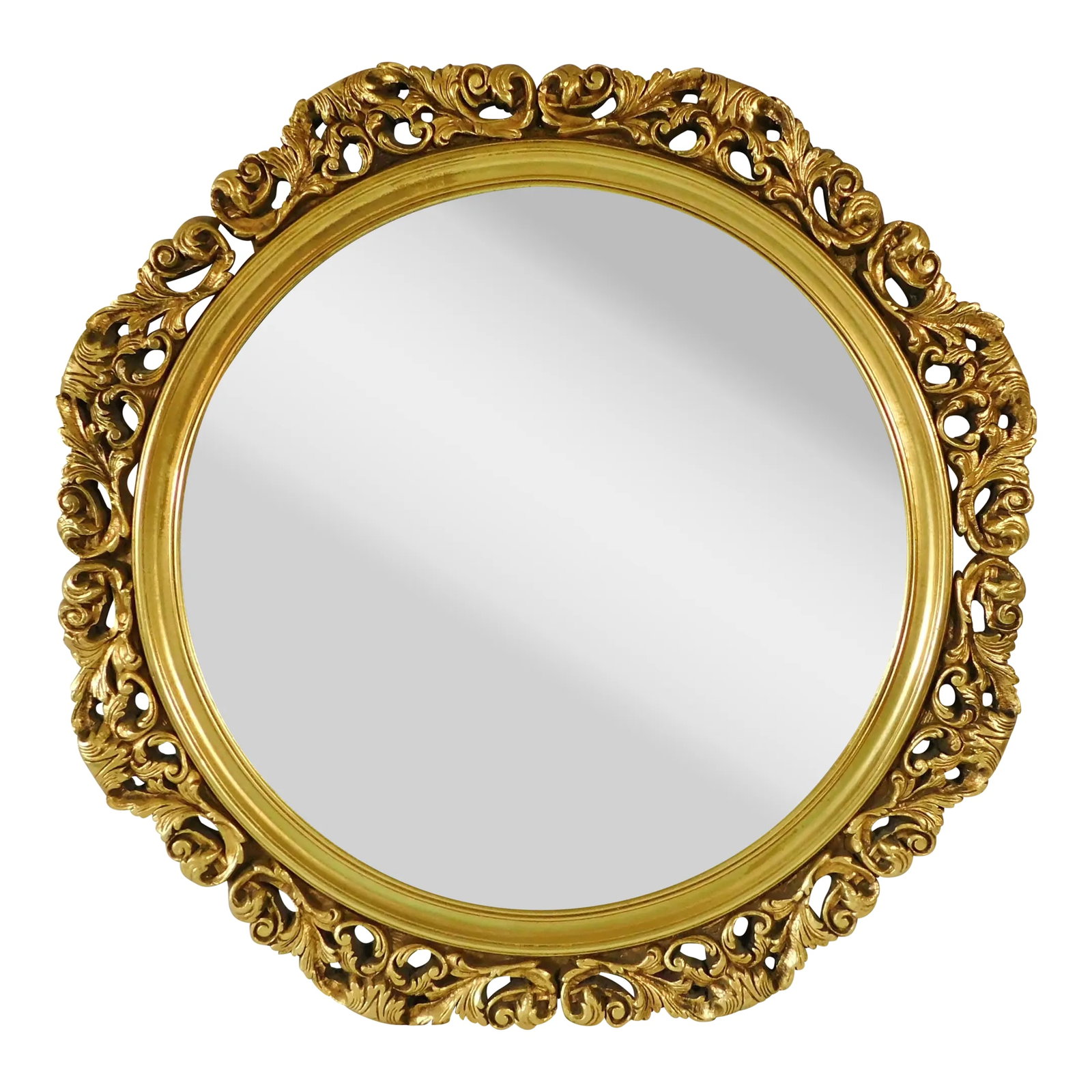 Vintage Mid Century Ornate Gold Scroll Foliage Carved Wood Round Hanging Wall Mirror: Beautiful vintage mid century ornate gold carved scrolls and foliage wood hanging wall mirror. Solid wood, round ornate mirror beautifully carved and finished in gold. Made in the U.S.A. - Circa mid