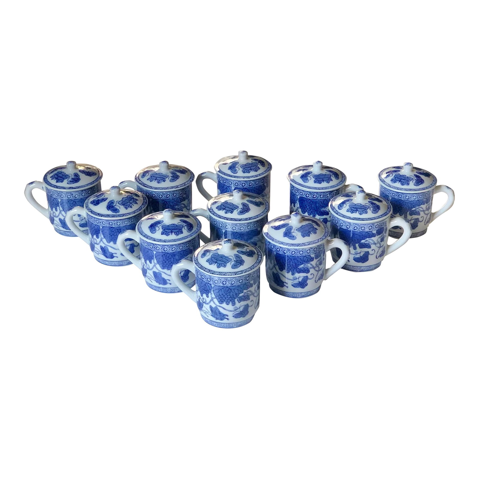 Vintage Chinoiserie "Butterfly Garden" Blue and White Lidded Teacups- Set of 12: Set of eleven hand-painted chinoiserie coffee or tea mugs with lids to retain heat. Expertly crafted for Williams Sonoma with hand painted botanical and butterfly theme in a timeless blue and white. 3