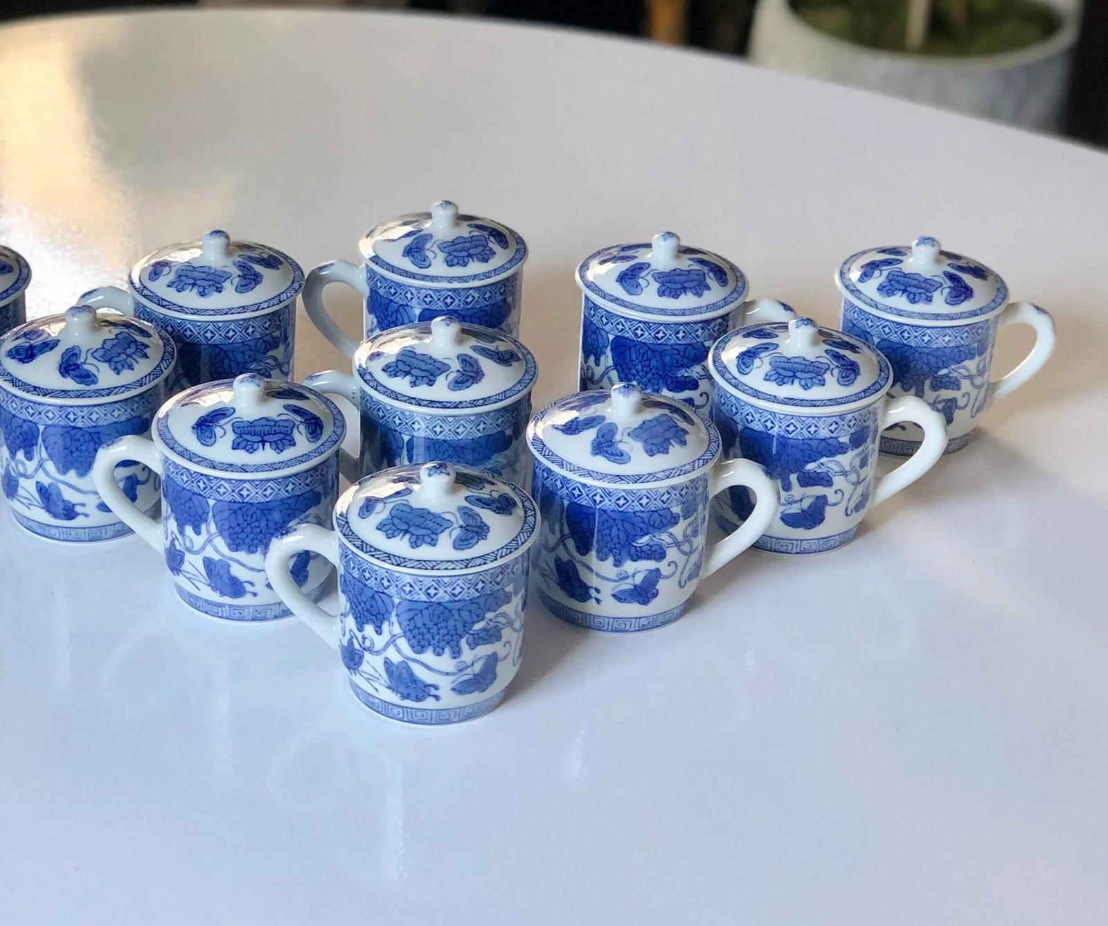 Vintage Chinoiserie "Butterfly Garden" Blue and White Lidded Teacups- Set of 12 - 2