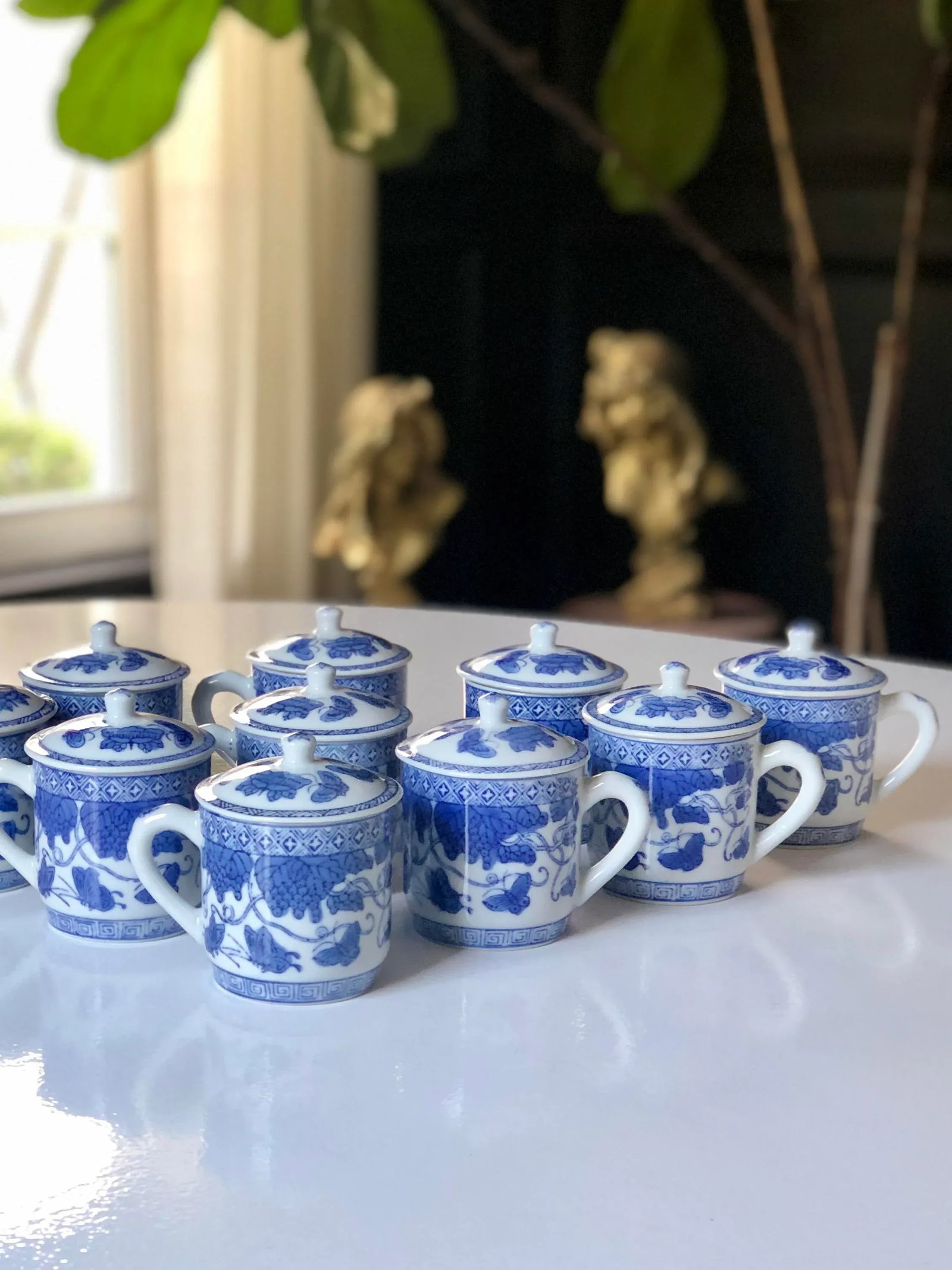 Vintage Chinoiserie "Butterfly Garden" Blue and White Lidded Teacups- Set of 12 - 3