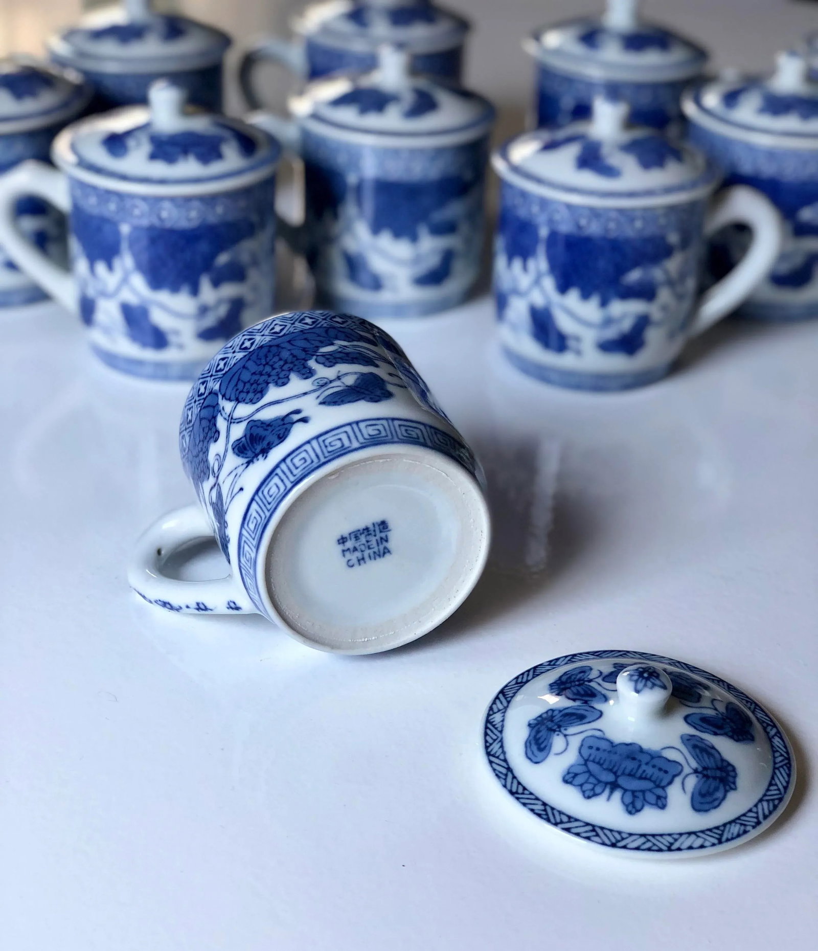 Vintage Chinoiserie "Butterfly Garden" Blue and White Lidded Teacups- Set of 12 - 4