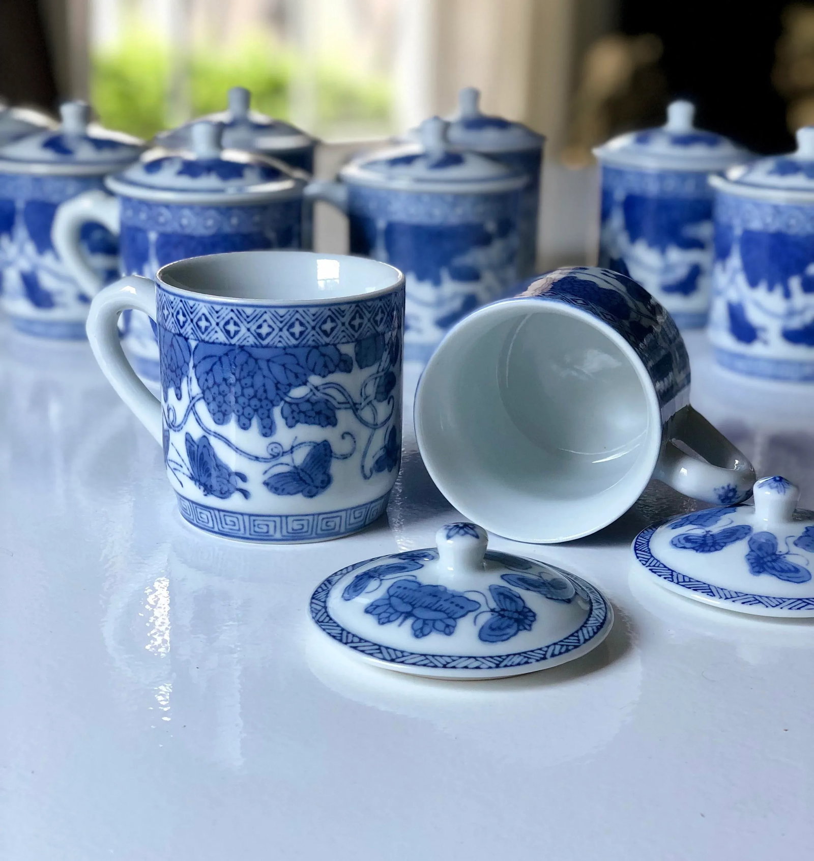Vintage Chinoiserie "Butterfly Garden" Blue and White Lidded Teacups- Set of 12 - 5