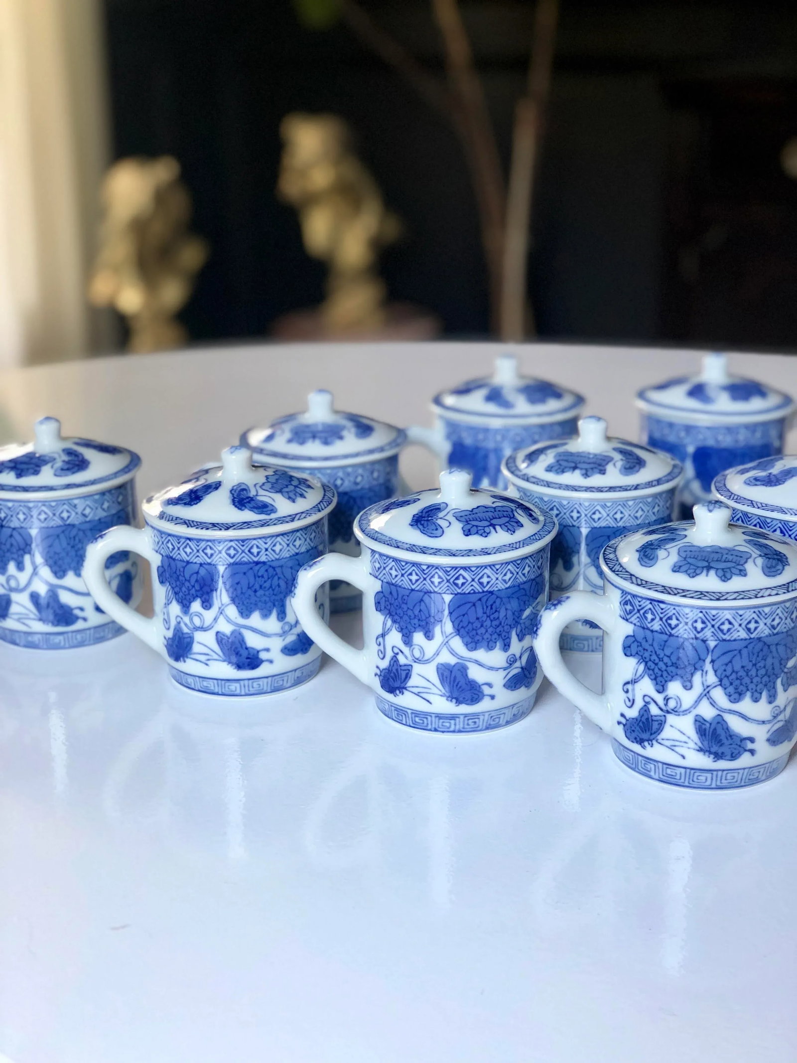 Vintage Chinoiserie "Butterfly Garden" Blue and White Lidded Teacups- Set of 12 - 6