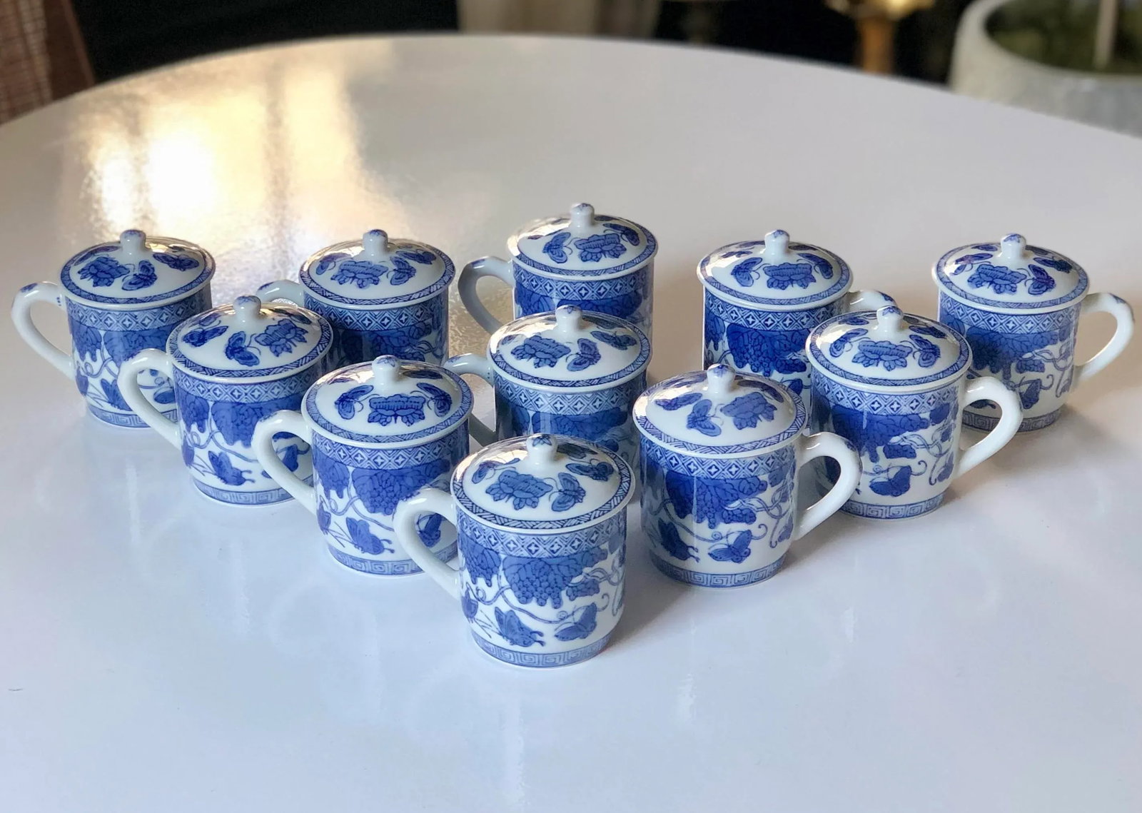 Vintage Chinoiserie "Butterfly Garden" Blue and White Lidded Teacups- Set of 12 - 7