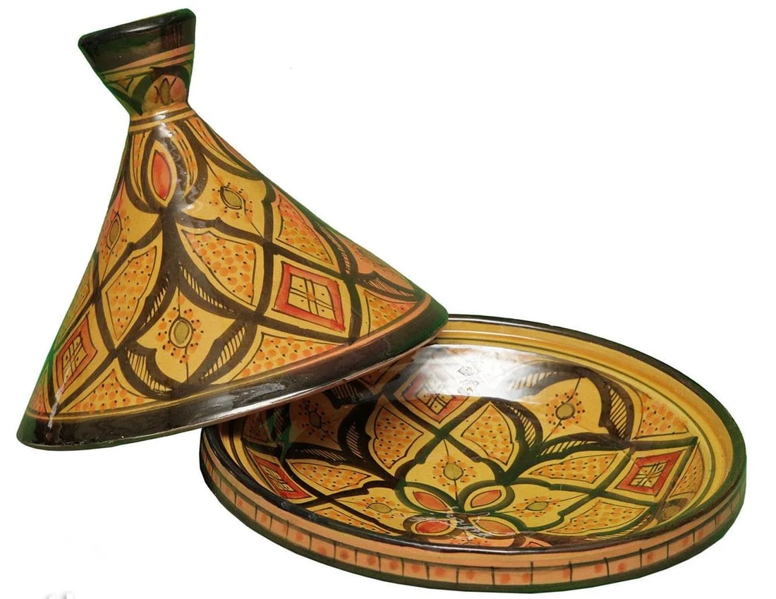 Late 20th Century Moroccan Arabesque Design Tagine: Offered is a handmade and hand-painted decorative tagine made by the Berbers in the High Atlas Mountains of Morocco. This beautiful accent ships within 1-2 business days from purchase, and to be