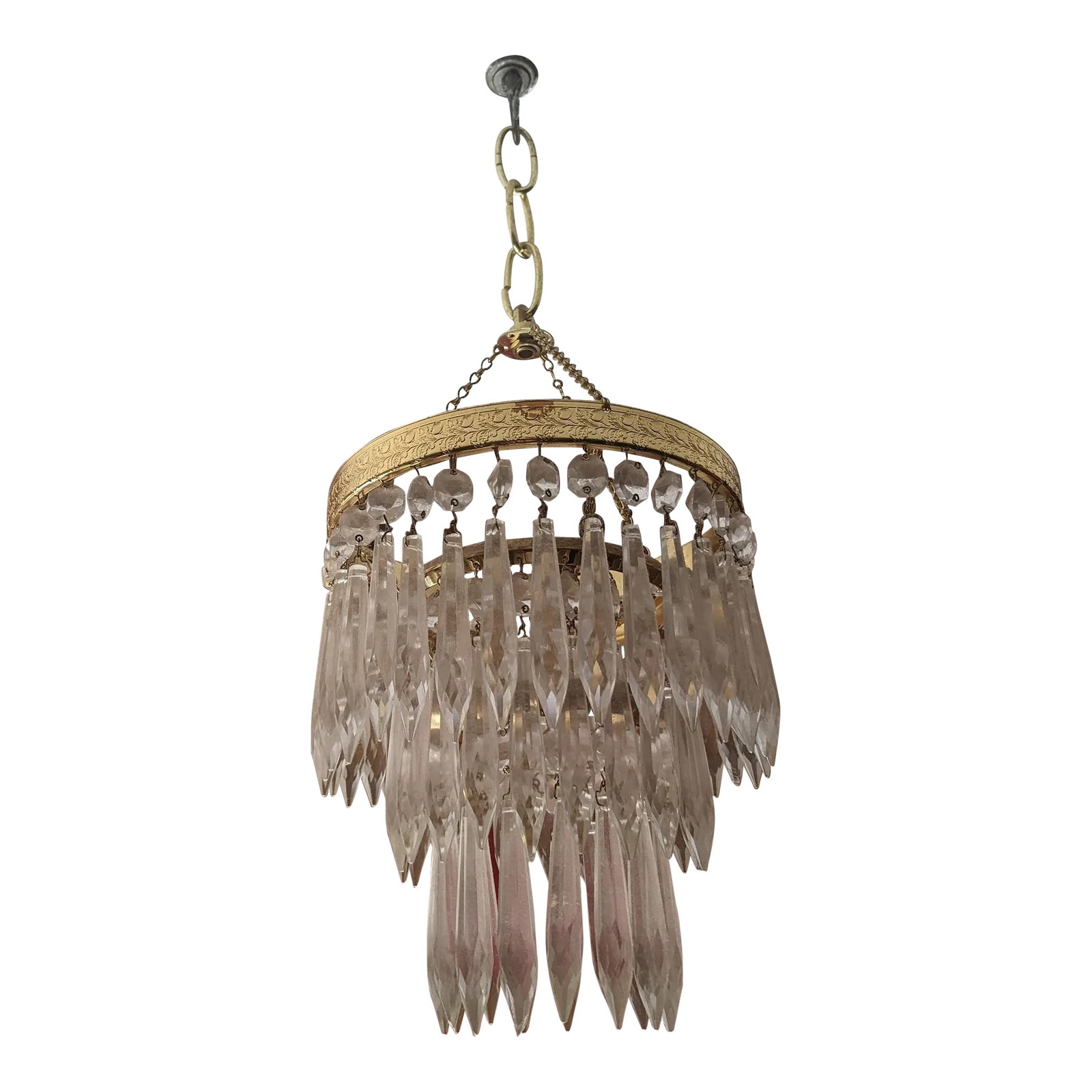 Mid 20th Century Crystal Chandelier Small 3 Tiered Waterfall Chandelier: Mid Century Glass 3 Tier Chandelier ~ This is a beautiful, classic glass chandelier with 3 tiers of icicle drops which sparkle wonderfully. The frame is made from slim brass and is hung on a metal