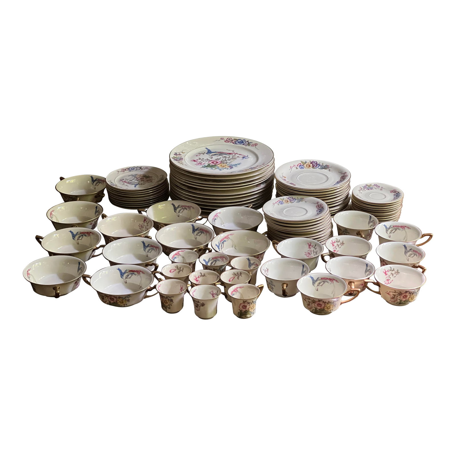 Antique Rosenthal Ivory Bavaria Phoenix Fine China Set- 87 Pieces: is Antique Rosenthal Ivory Bavaria "Phoenix" Patterned Dishware is in Excellent Condition and a Beautiful Collection!! Overall Color is Cream/Ivory with Royal Blue, Pink, Yellow and Green. Vibrant