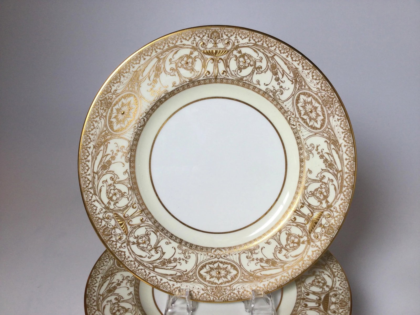 English Raised Gilt Porcelain Dinner Service Plates - Set of 12 - 2