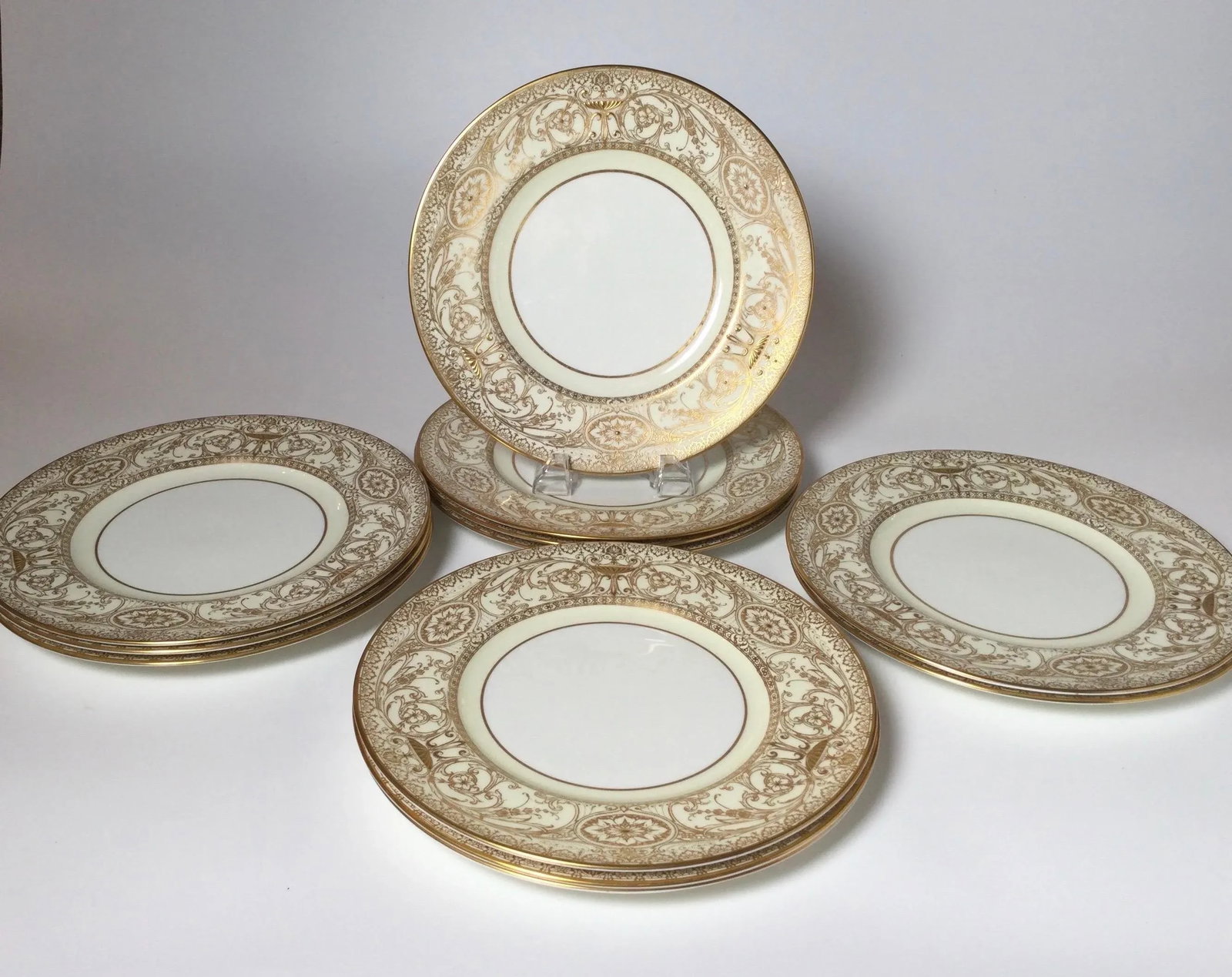 English Raised Gilt Porcelain Dinner Service Plates - Set of 12 - 5