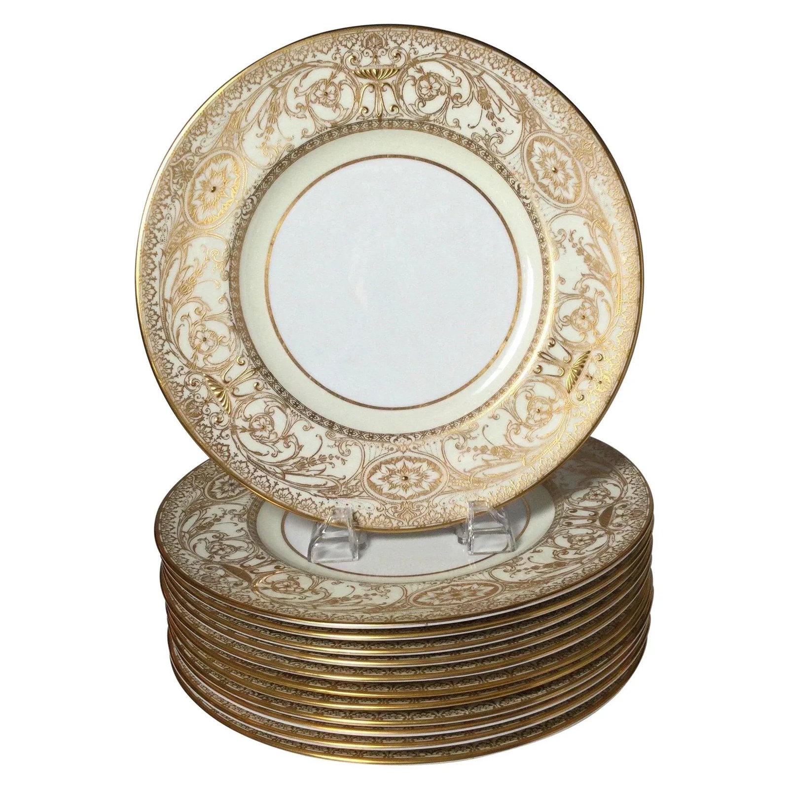 English Raised Gilt Porcelain Dinner Service Plates - Set of 12 - 9