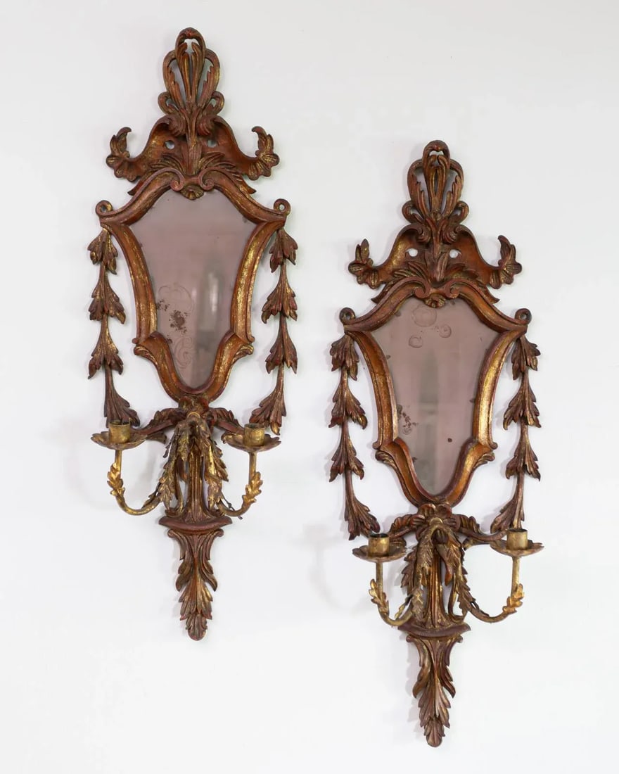 Early 20th Century Carved Italian Giltwood Girandole Mirror Sconces - a Pair - 11