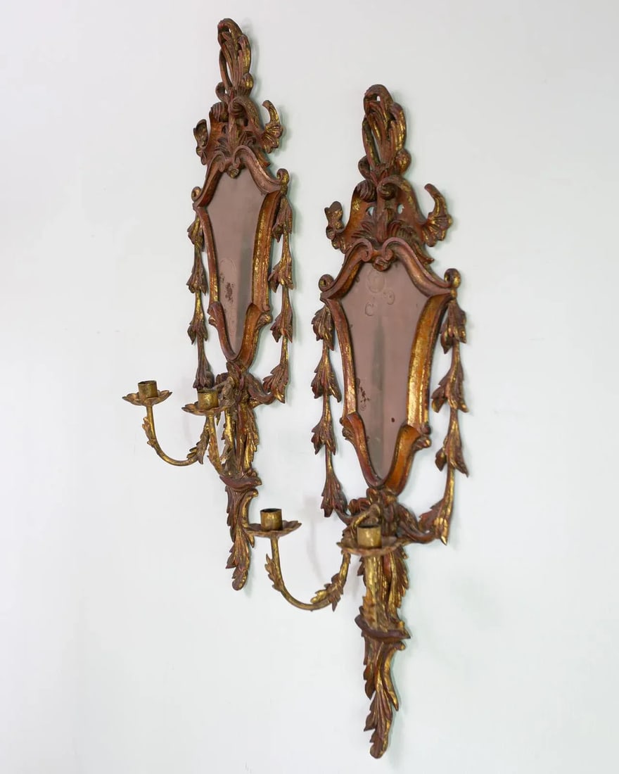 Early 20th Century Carved Italian Giltwood Girandole Mirror Sconces - a Pair - 2