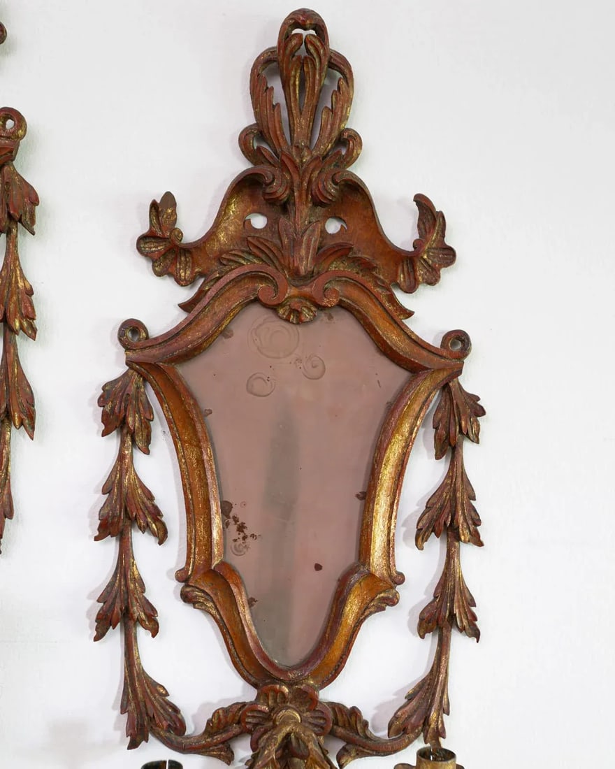 Early 20th Century Carved Italian Giltwood Girandole Mirror Sconces - a Pair - 3
