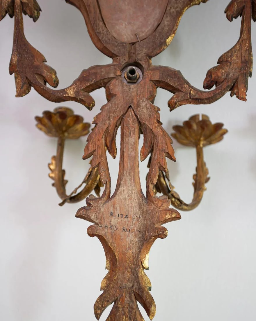 Early 20th Century Carved Italian Giltwood Girandole Mirror Sconces - a Pair - 6