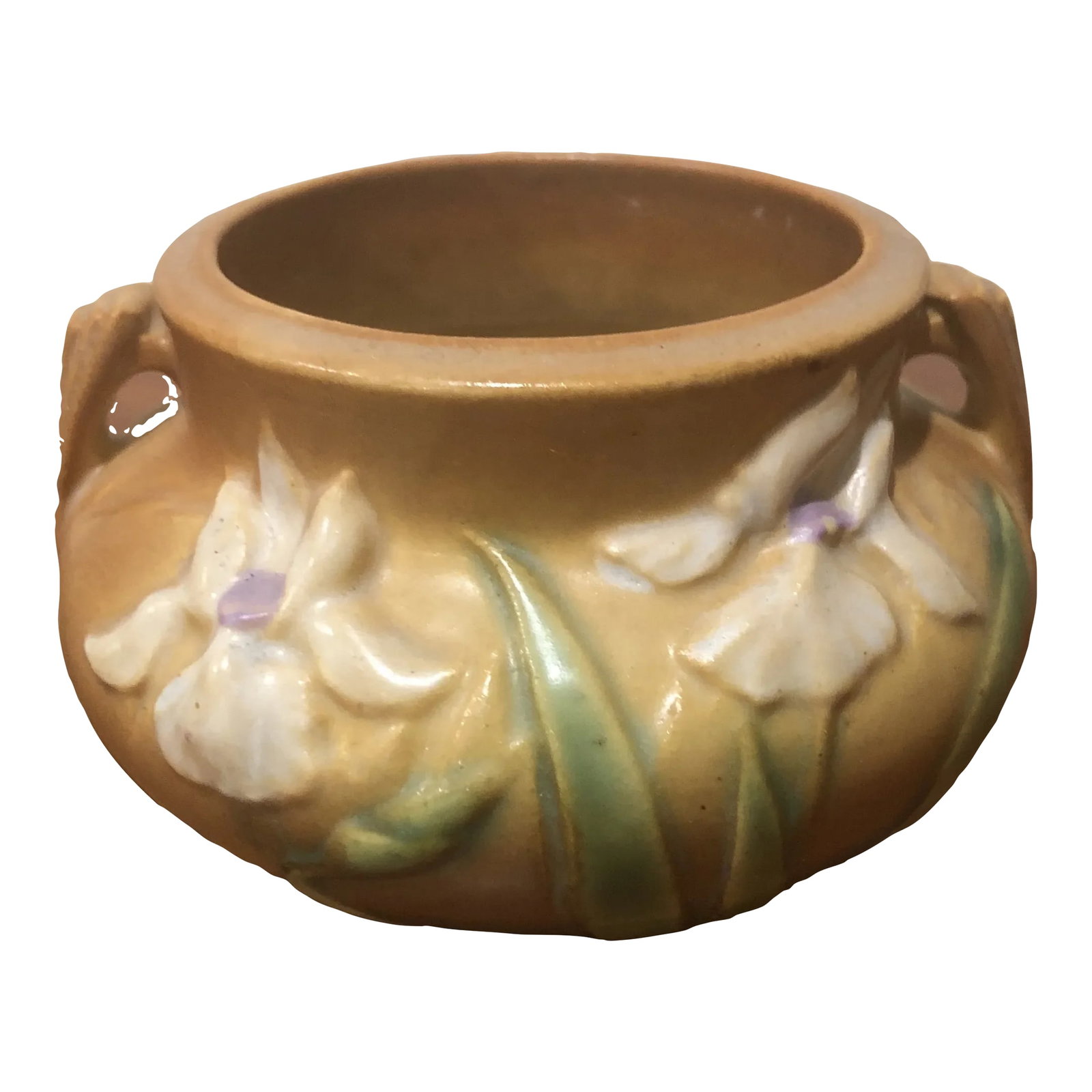 Antique Roseville Iris Art Pottery Brown Jardiniere Small Vase: Antique Roseville Iris Art Pottery Brown Jardiniere Small Vase from 1939. Rare collectable peace. Condition: Alterations: Original Condition Unaltered Imperfections: Some Imperfections Condition