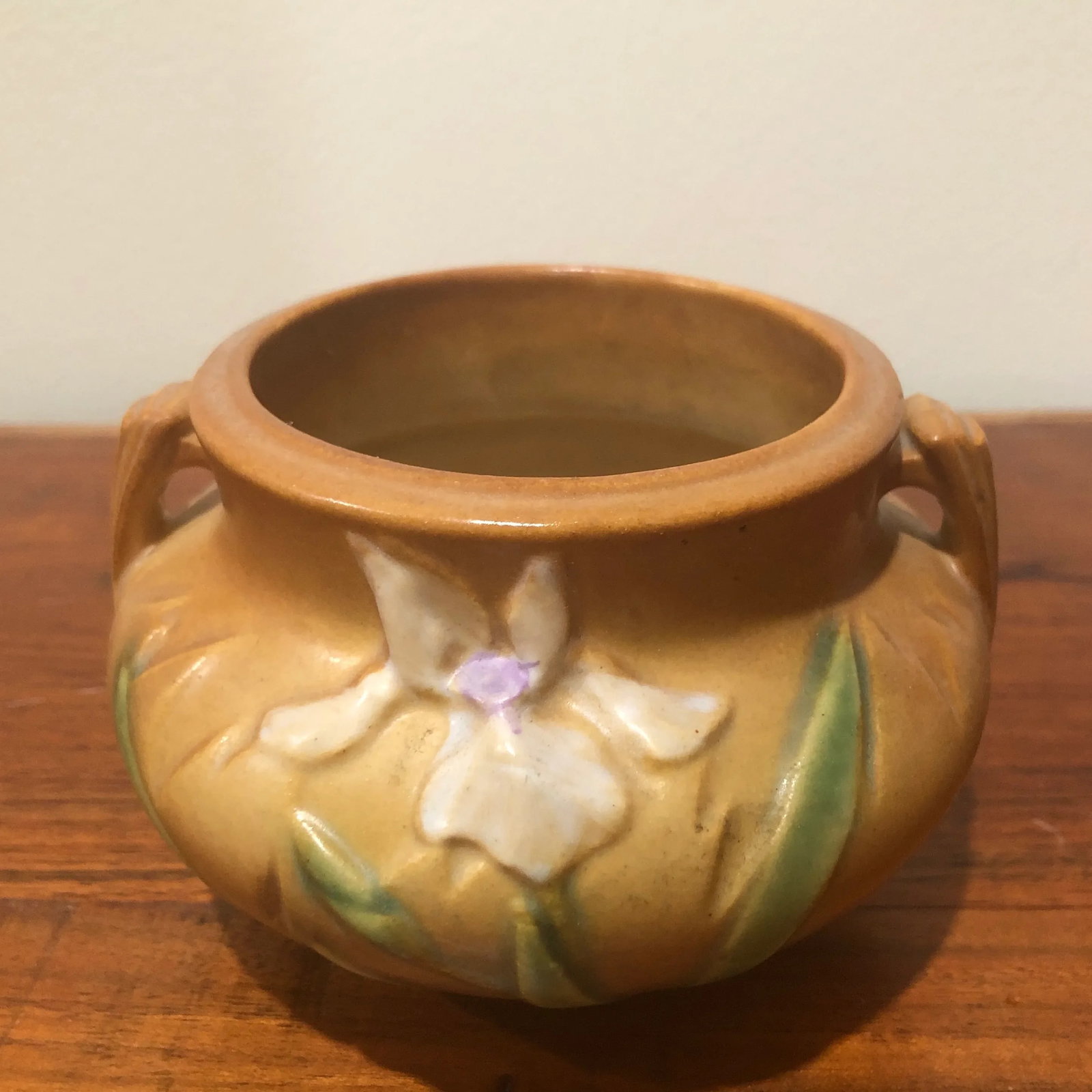 Antique Roseville Iris Art Pottery Brown Jardiniere Small Vase - 3