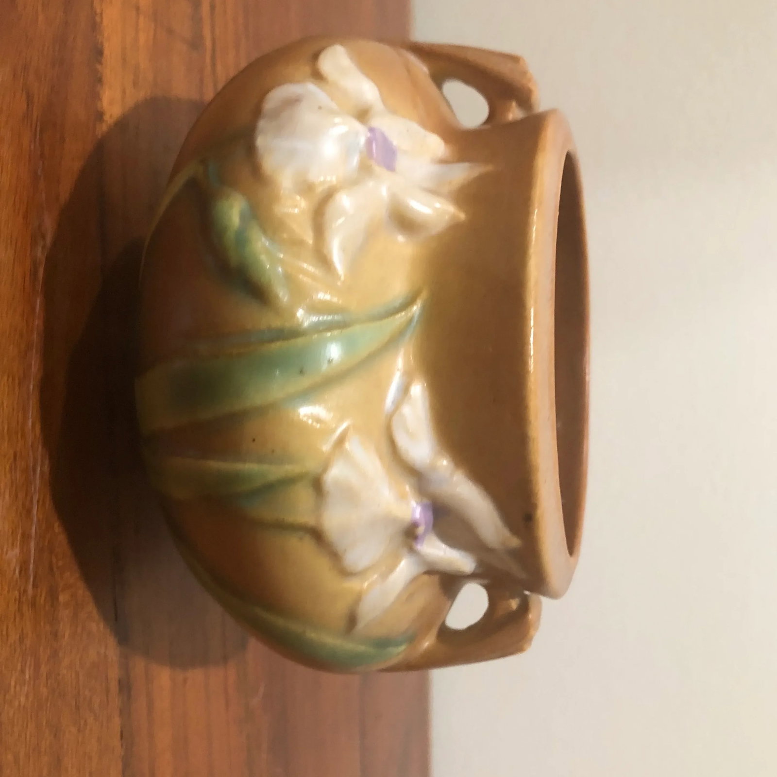 Antique Roseville Iris Art Pottery Brown Jardiniere Small Vase - 5