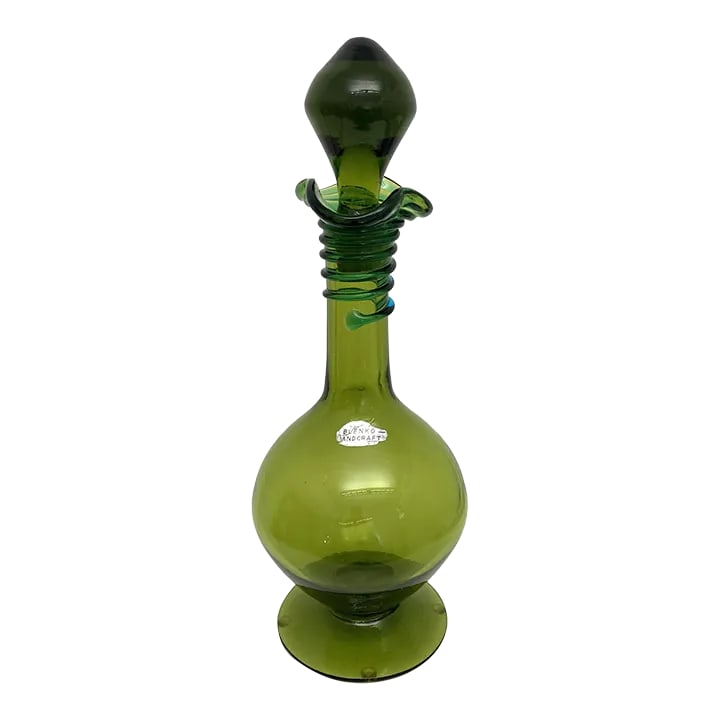 Vintage Blenko Decanter, by Joel Philip Myers, Circa 1968, Olive Green: This Vintage Blenko Olive Green Decanter, by Joel Philip Myers, Circa 1968 with spiral coil has an original Blenko foil seal. At the Blenko workshops, Myers was given a unique chance to both design