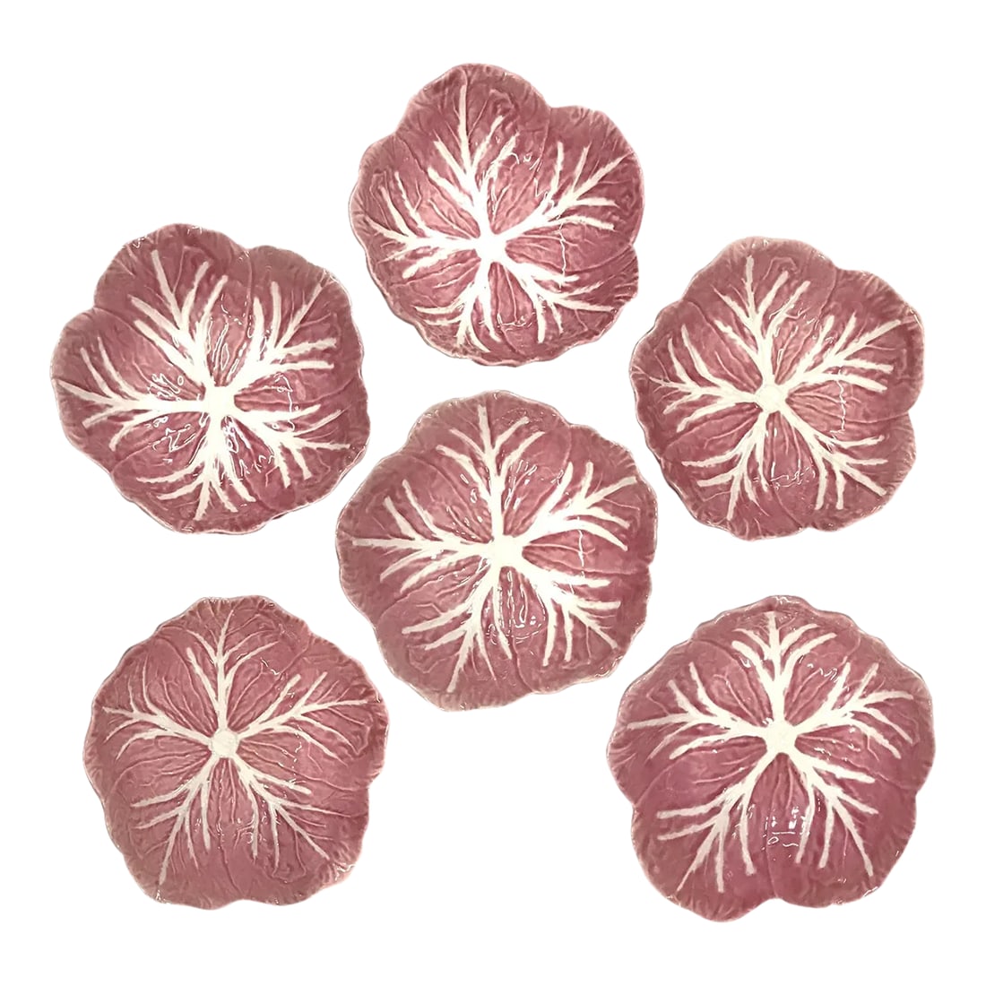 1960s Vintage Pink Cabbage Leaf Majolica Bowls - Set of 6: Fabulous set of 6 vintage Bordallo Pinhiero Majolica pink cabbage leaf bowls. Probably from the late 1960s or early 1970s. Stamped on reverse, made in Portugal. Beautiful rose coloration, exquisite