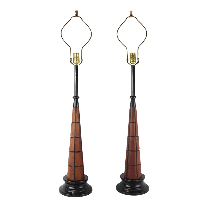 Vintage 1960s Mid-Century Modern Gruvwood Walnut Wood Metal Table Lamps - a Pair: Vtg 60s Mid Century Modern Gruvwood Walnut Wood Metal Table Lamps Light Pair Has some small scratches on the wood and metal. Base has wear. Bottom felt pieces are ripped. Tested and working. Will not