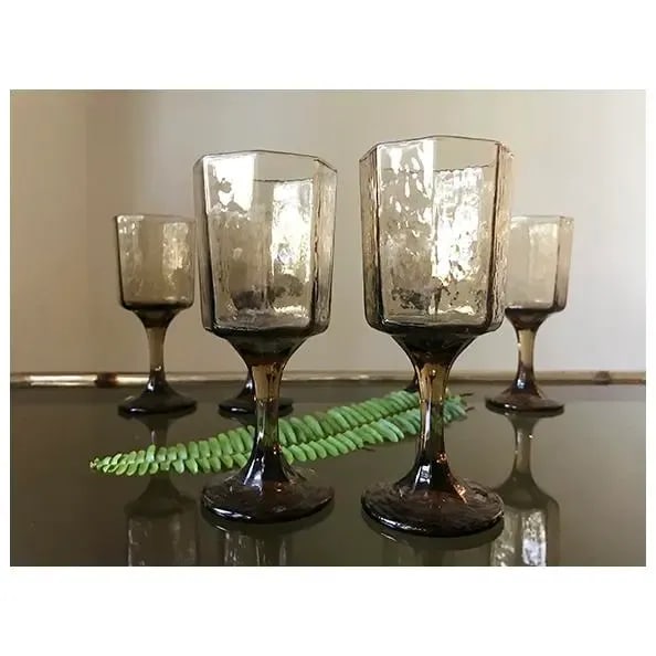 Mid-Century Modern, Octagonal Smoked Glass Champagne Flutes, Set of 5 - 9