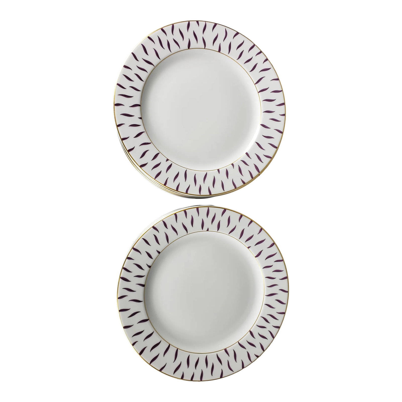 Bernaud Limoges Dinner Plates - Set of 12: Set of 12 Bernaud Limoges Frivole Service Plates. Presentation plates/chargers/service plates. Colors of amethyst with gold trim allow versatility when entertaining formally or casually. Porcelain.
