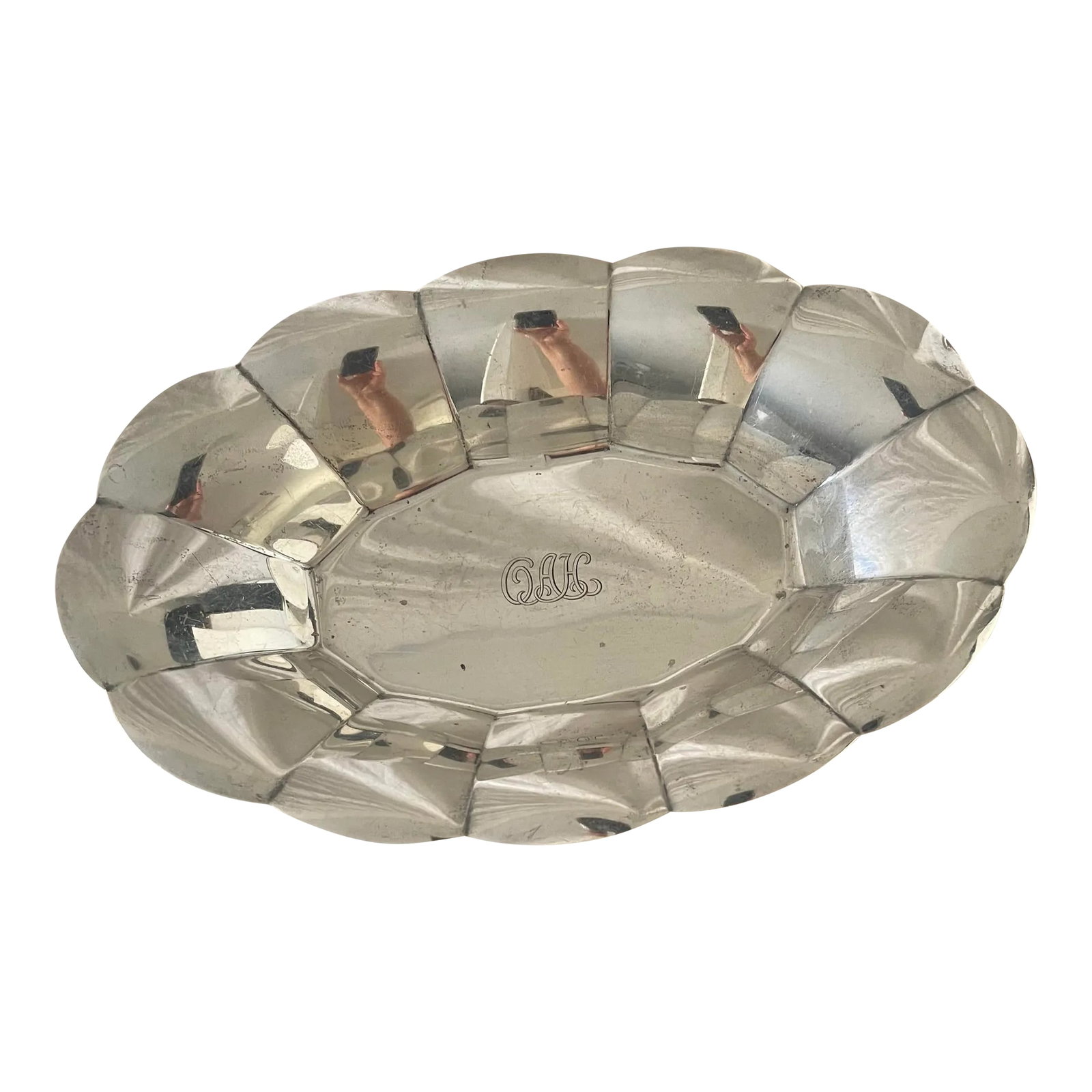 1960s Tiffany & Company Mid Century Modern Sterling Silver Scalloped Dish: This Timeless vintage sterling silver serving dish or tray was made by the renowned Tiffany and Co. of the United States in Victorian style. This oval sterling silver tray is monogrammed. The dish or