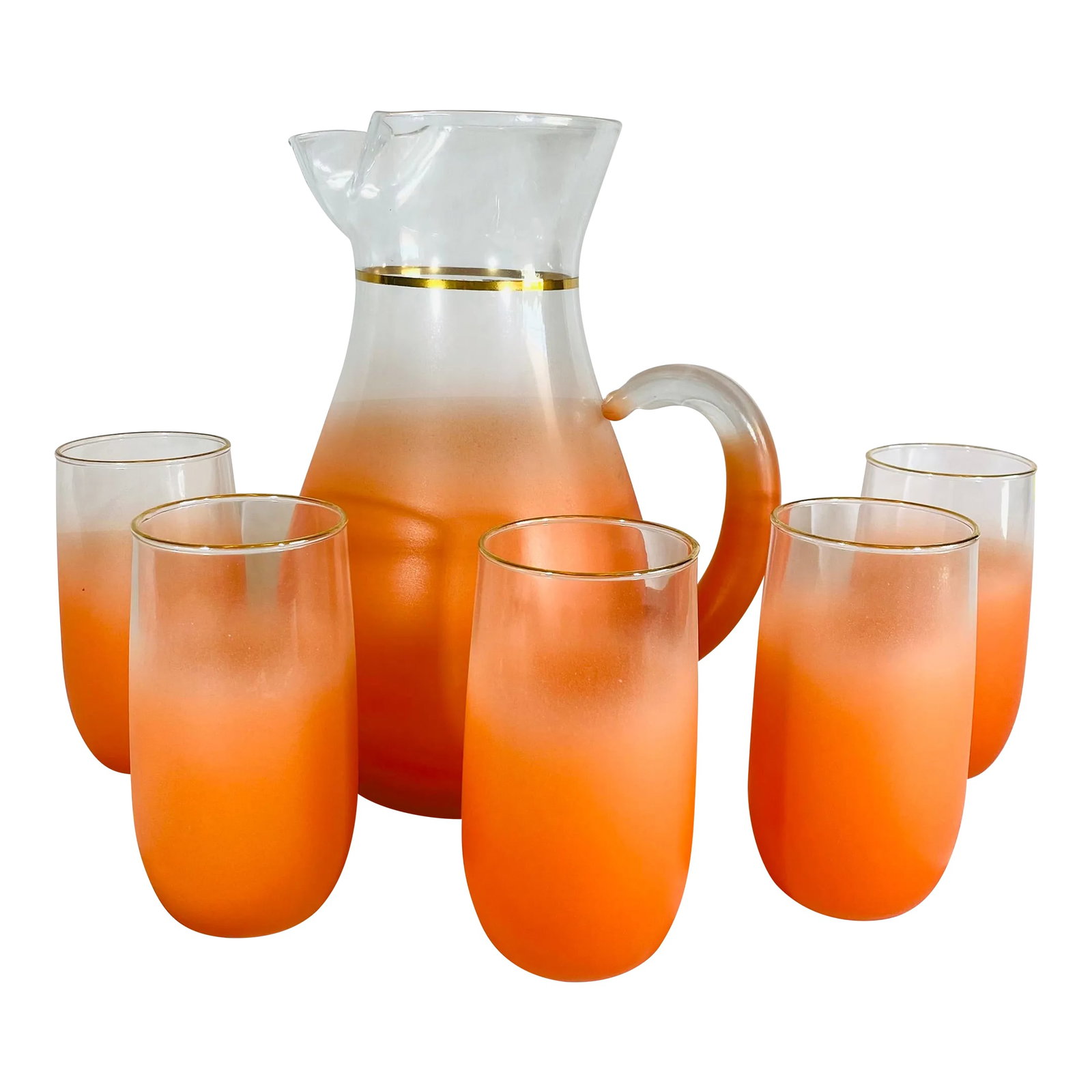 Vintage Blendo Orange Frosted Glass Pitcher and Tumblers Set- 6 Pieces: Vintage Blendo Orange Glass Pitcher and 5 Tumblers Set Orange Frosted with gold trim RARE Pitcher is 10" tall tumblers are 5" All of my items are either one-of-a-kind, vintage, gently worn or made in