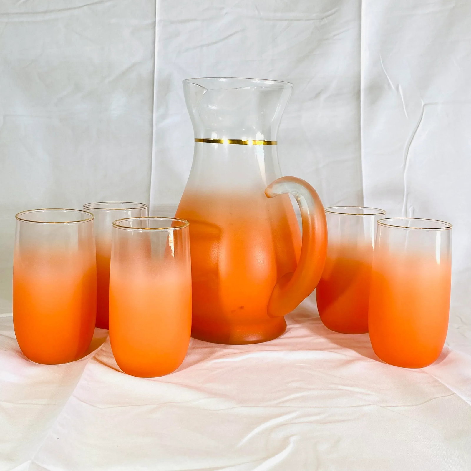 Vintage Blendo Orange Frosted Glass Pitcher and Tumblers Set- 6 Pieces - 3