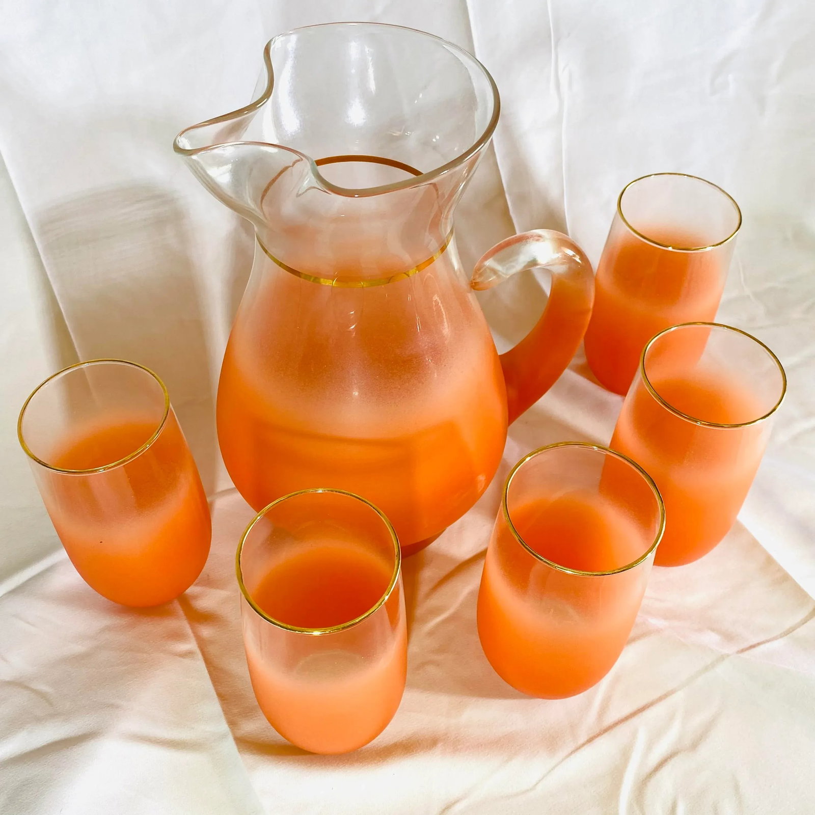 Vintage Blendo Orange Frosted Glass Pitcher and Tumblers Set- 6 Pieces - 5